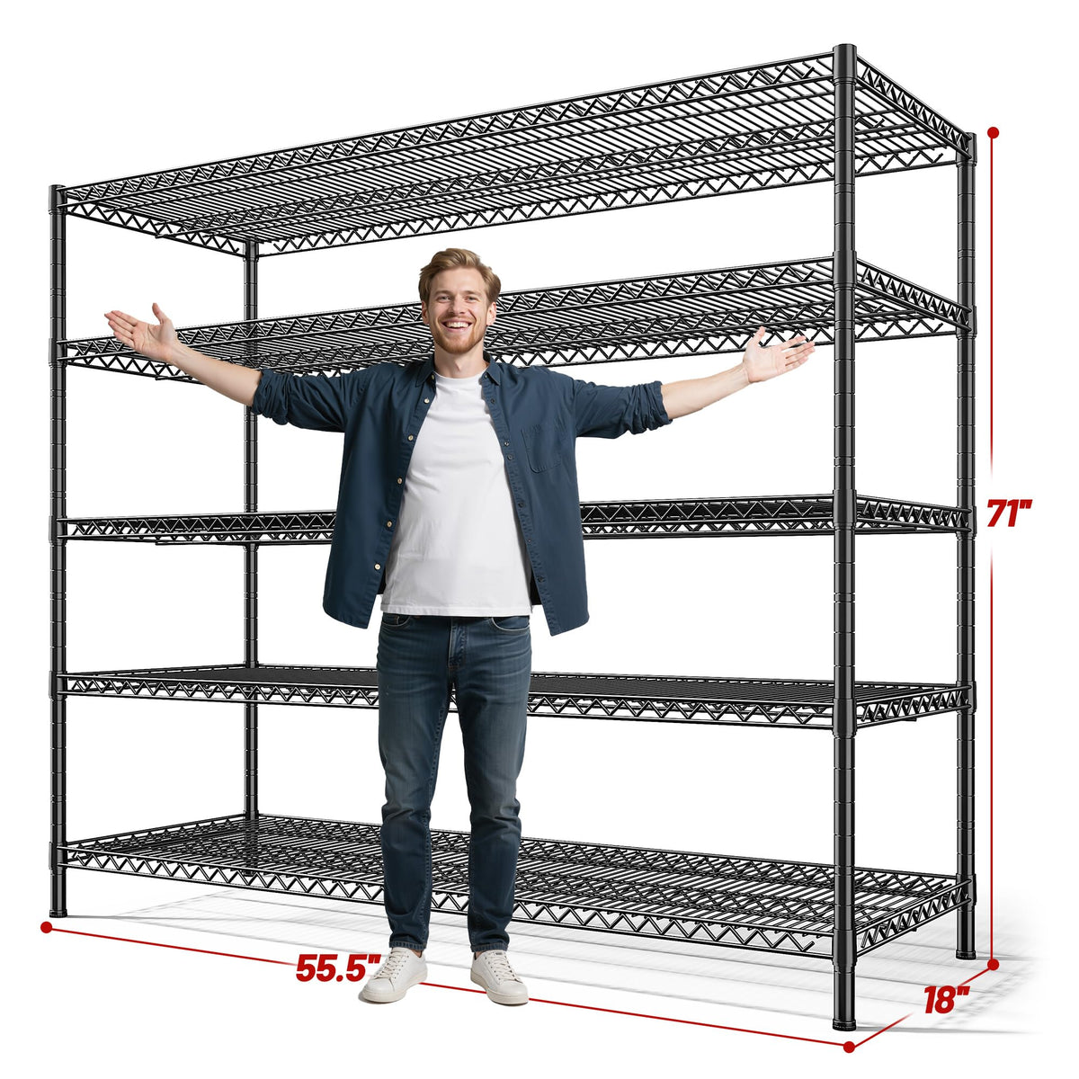 3200LBS Storage Shelves 55.5" W Garage Shelving Heavy Duty 5 Tier Adjustable Wire Shelving Unit Metal Shelving for Garage Pantry Commercial Basement