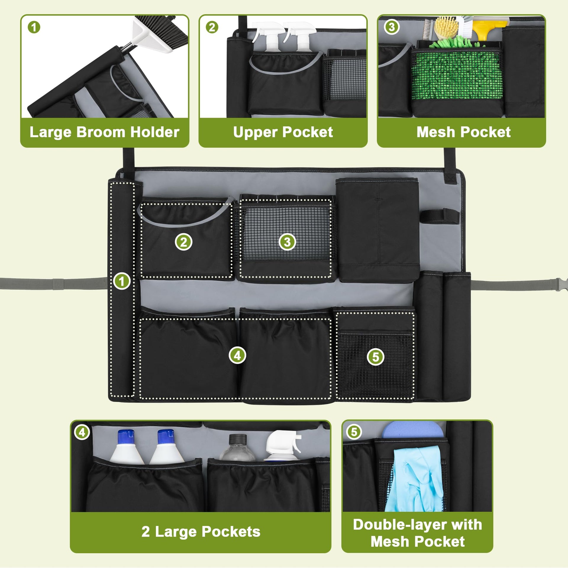 32 55 Gallon Trash Can Caddy Bag with Multi Pockets for Clean Tools