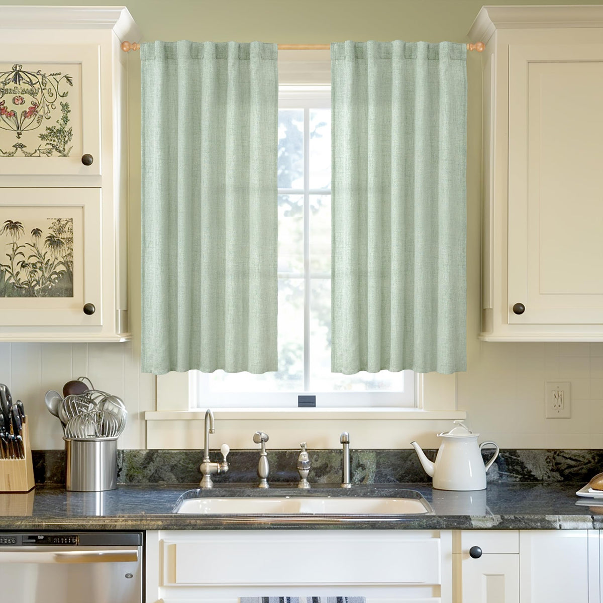 Sage Green Short Linen Curtains 48 Inch Length for Kitchen (2 Count)