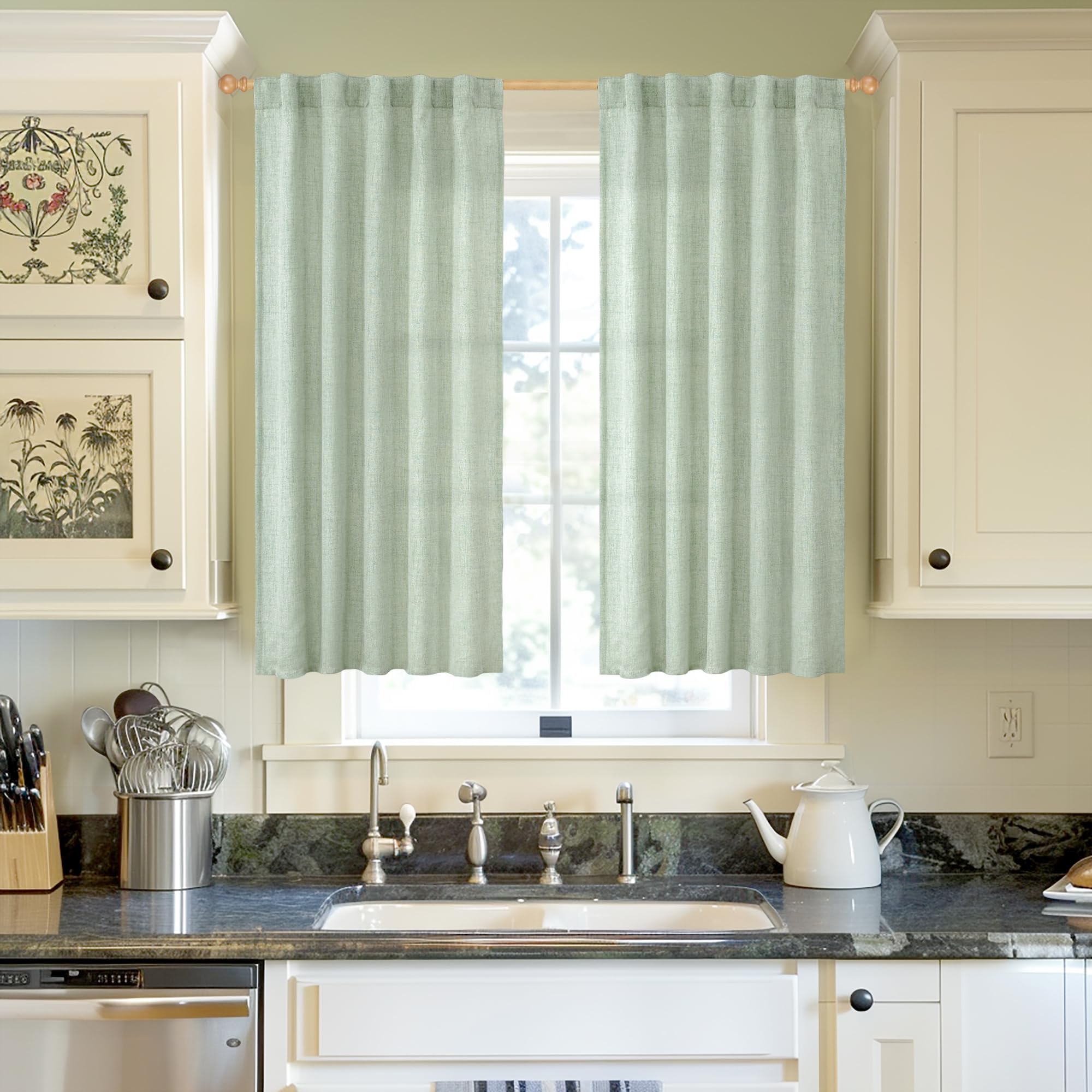 Sage Green Linen Curtains 54 Inch Length for Living Room Window (2 Count)