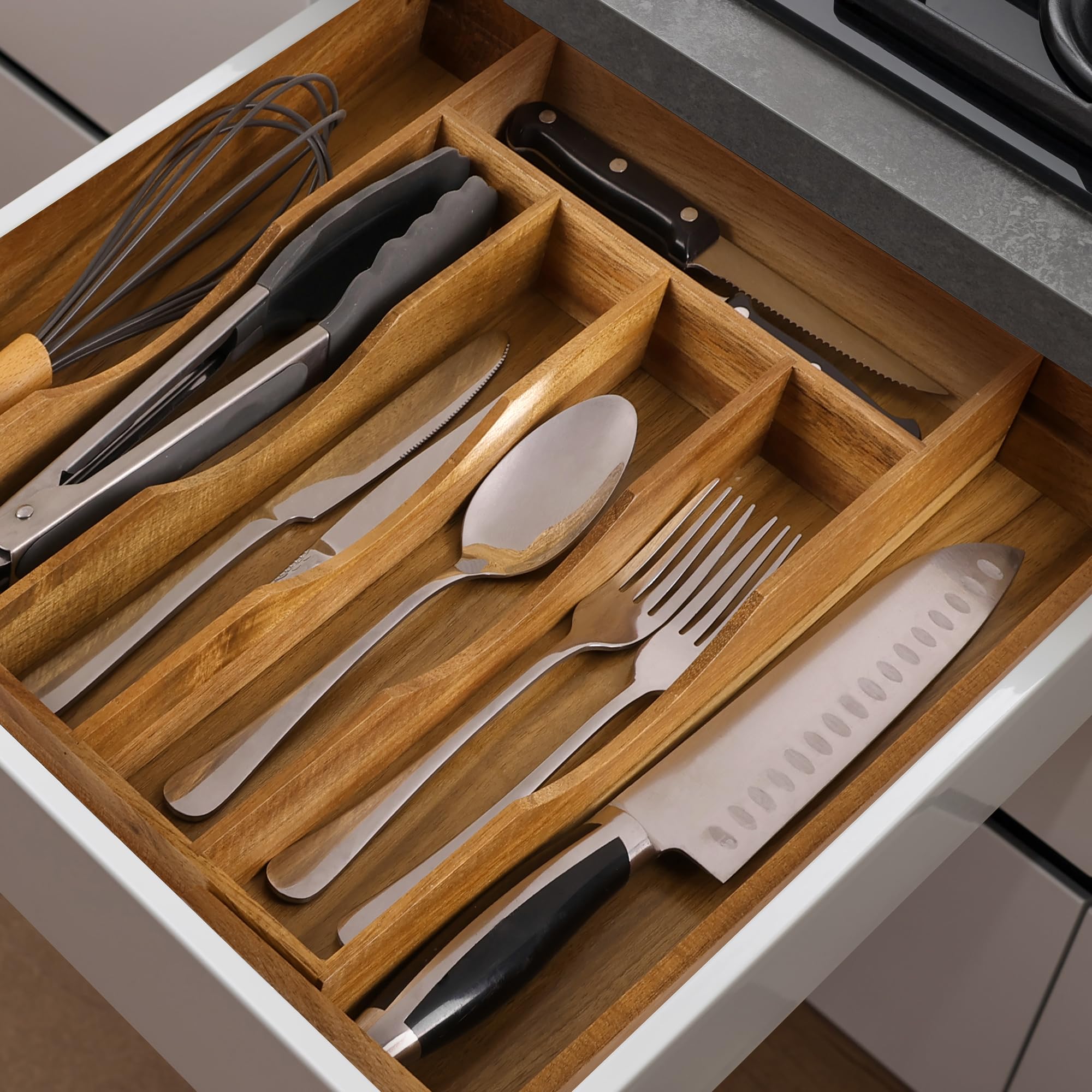 Expandable Acacia Kitchen Drawer Organizer for Cutlery and Utensils