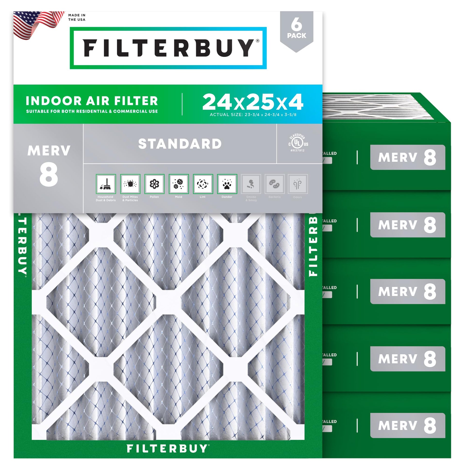 24x25x4 Air Filter MERV 8 Dust & Allergy Defense (6 Count)