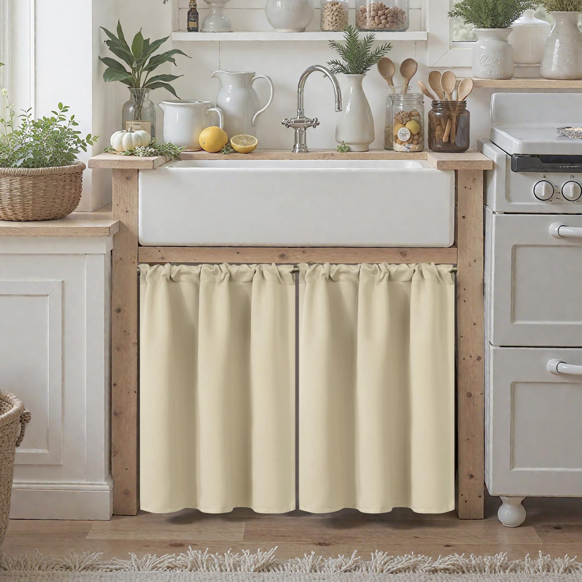 Beige Curtains Kitchen Window Over Sink 36 Inches Length (2 Count)