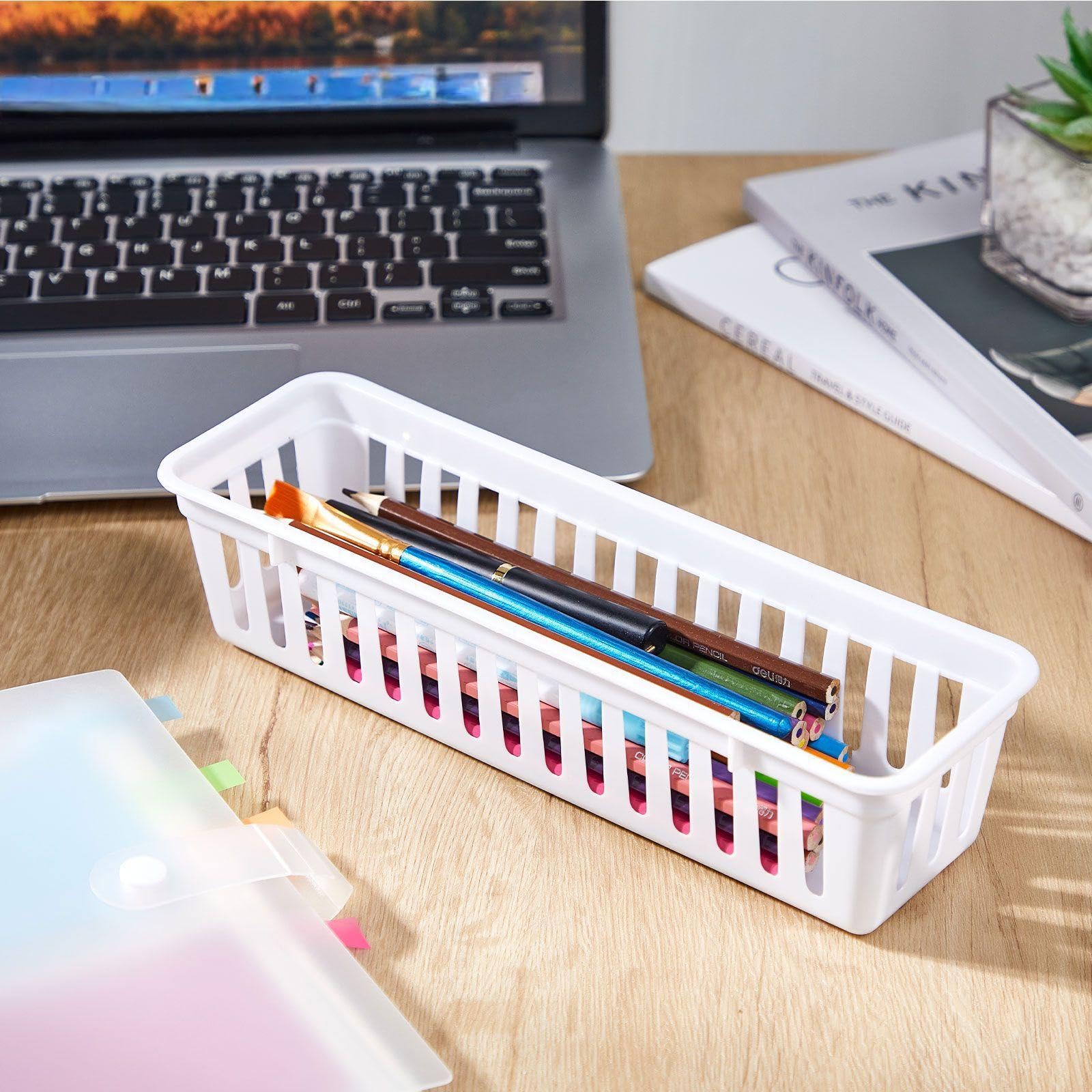 24 Pack Slim Plastic Storage Baskets Tray for Organizing 10.25x3.25x2.5 Inch Small Narrow Storage Bins Stackable Drawer Pencil Trays Holder for Desk Garage Cabinet Container (24 Count)