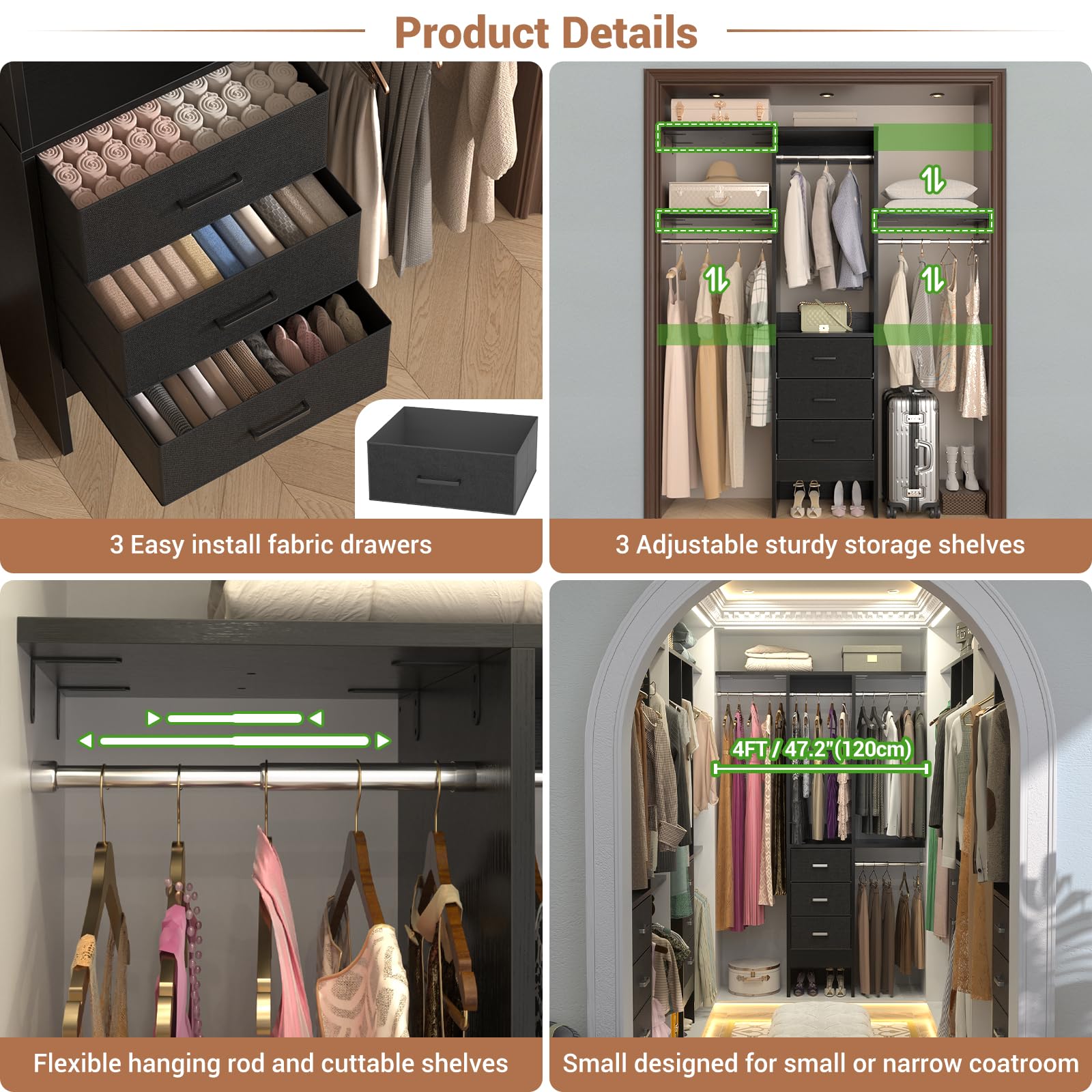 4FT Small Closet System with 3 Fabric Drawers