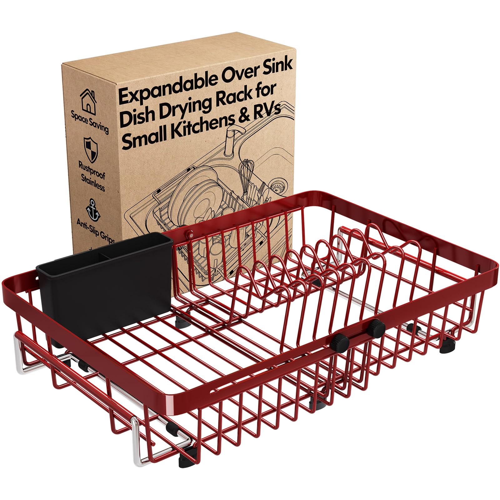 Red Dish Drying Rack Over The Sink with Utensil Holder