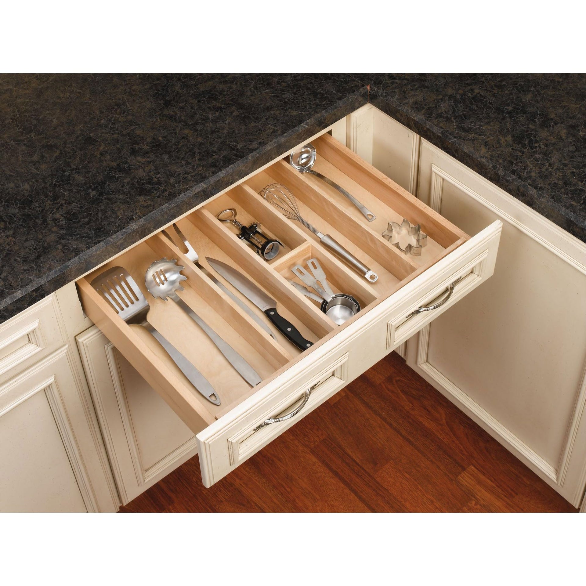 Trim-to-Custom-Fit Silverware Drawer Organizer For Kitchen Utensils, Cutlery Cabinet Storage Divider Insert, 23.98 x 21.97 In, Maple Wood, 4WUT-3