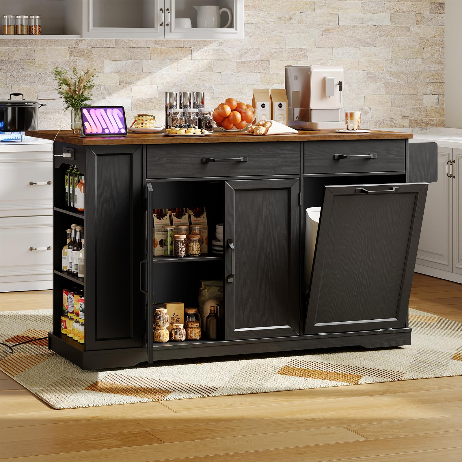 Kitchen Island with Power Outlet & Drop Leaf