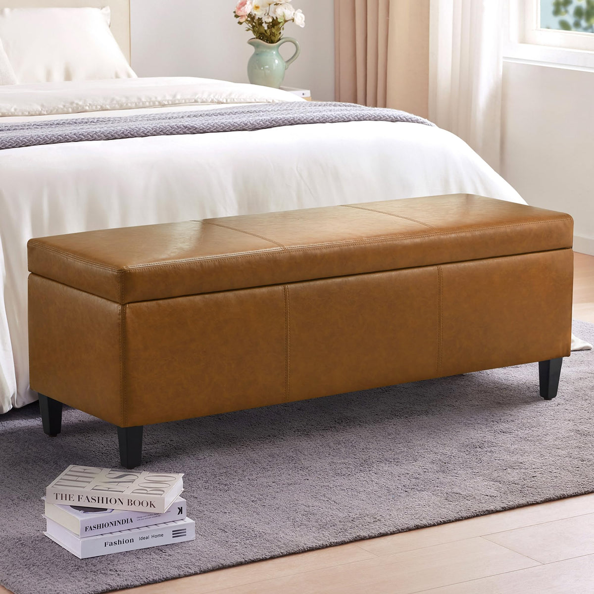 Faux Leather Storage Ottoman Bench 50.3 Inch Extra Long PU Upholstered Bedroom Bench with Large Storage Space for The Living Room