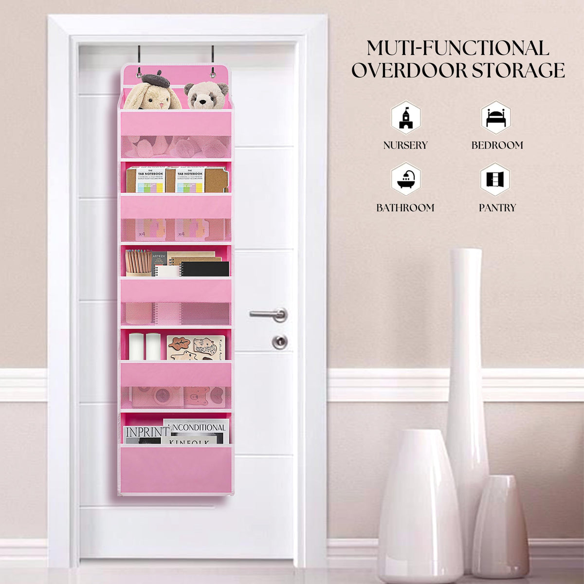 Pink Over Door Organizer with 5 Large Clear Pockets and 6 Side Mesh Pockets