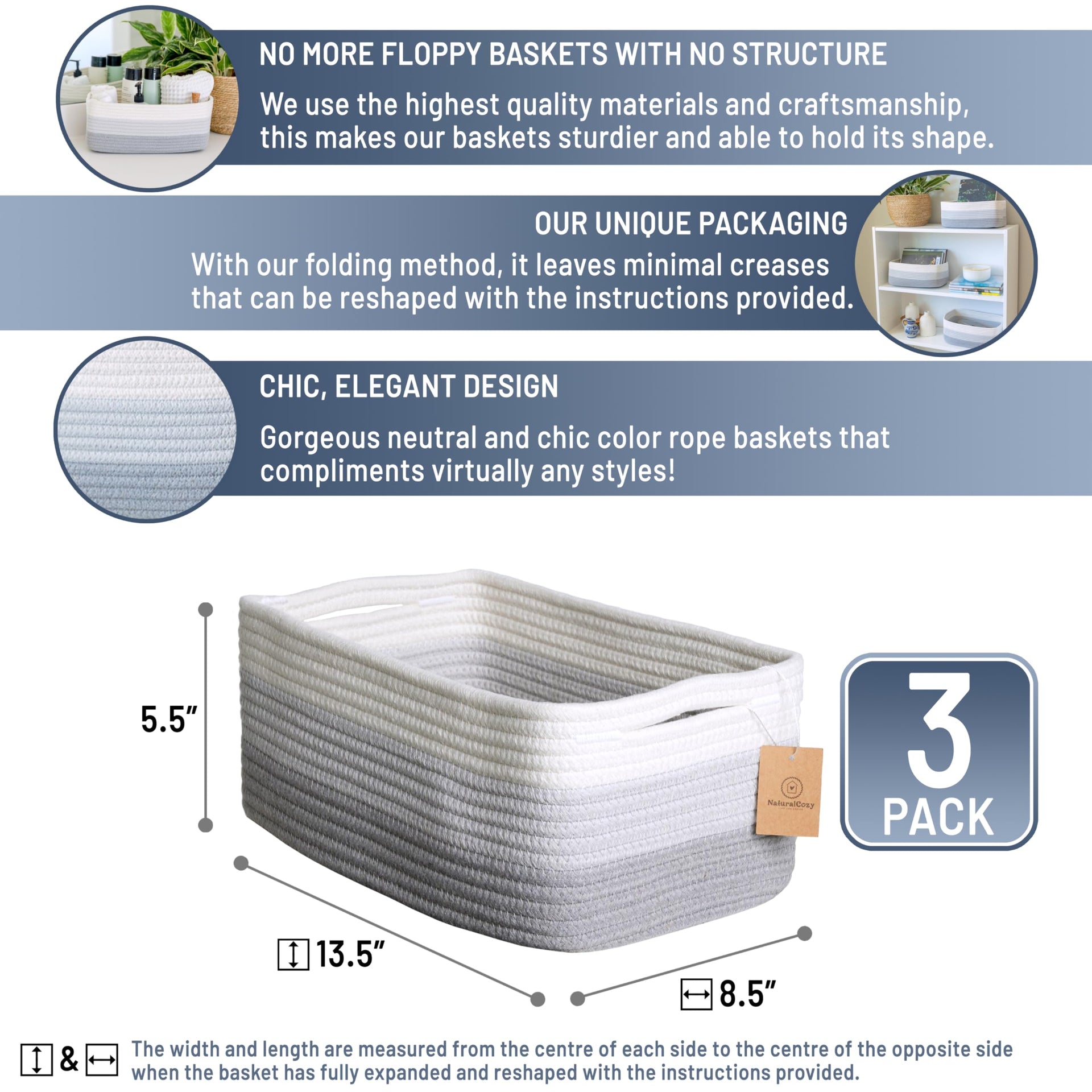 13.5”x8.5”x5.5” Rectangle Storage Baskets for Shelves 3 Pack (3 Count)