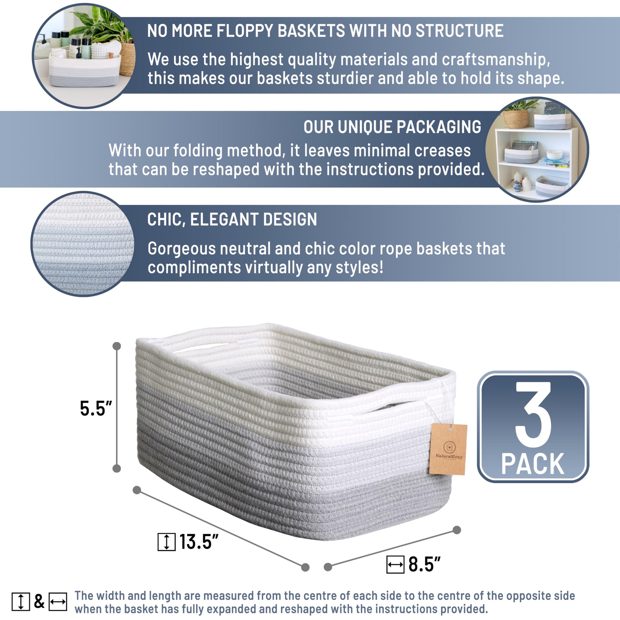 13.5”x8.5”x5.5” Rectangle Storage Baskets for Shelves 3 Pack (3 Count)