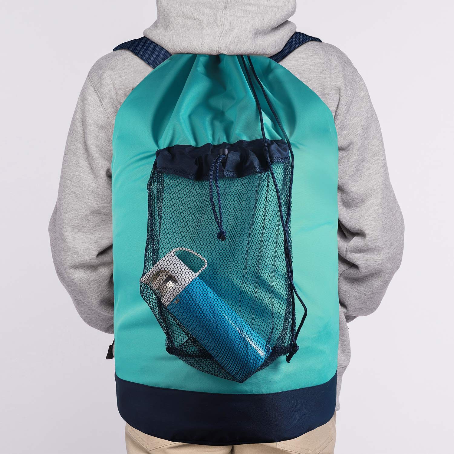 Laundry Backpack with Shoulder Straps and Mesh Pocket Durable Nylon Clothes Hamper Bag with Drawstring Closure for College
