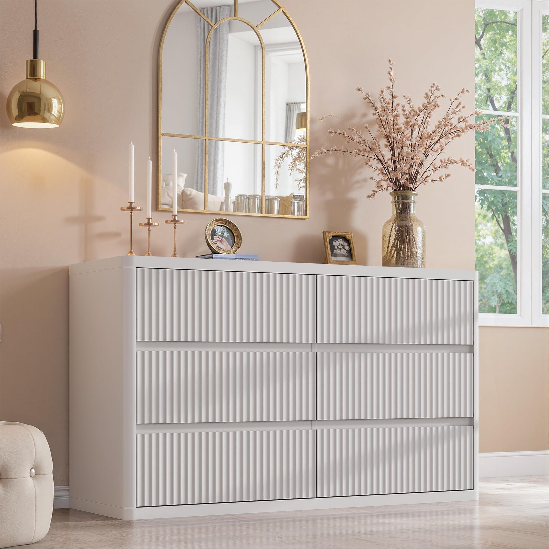 White Fluted Dresser for Bedroom with 6 Drawers