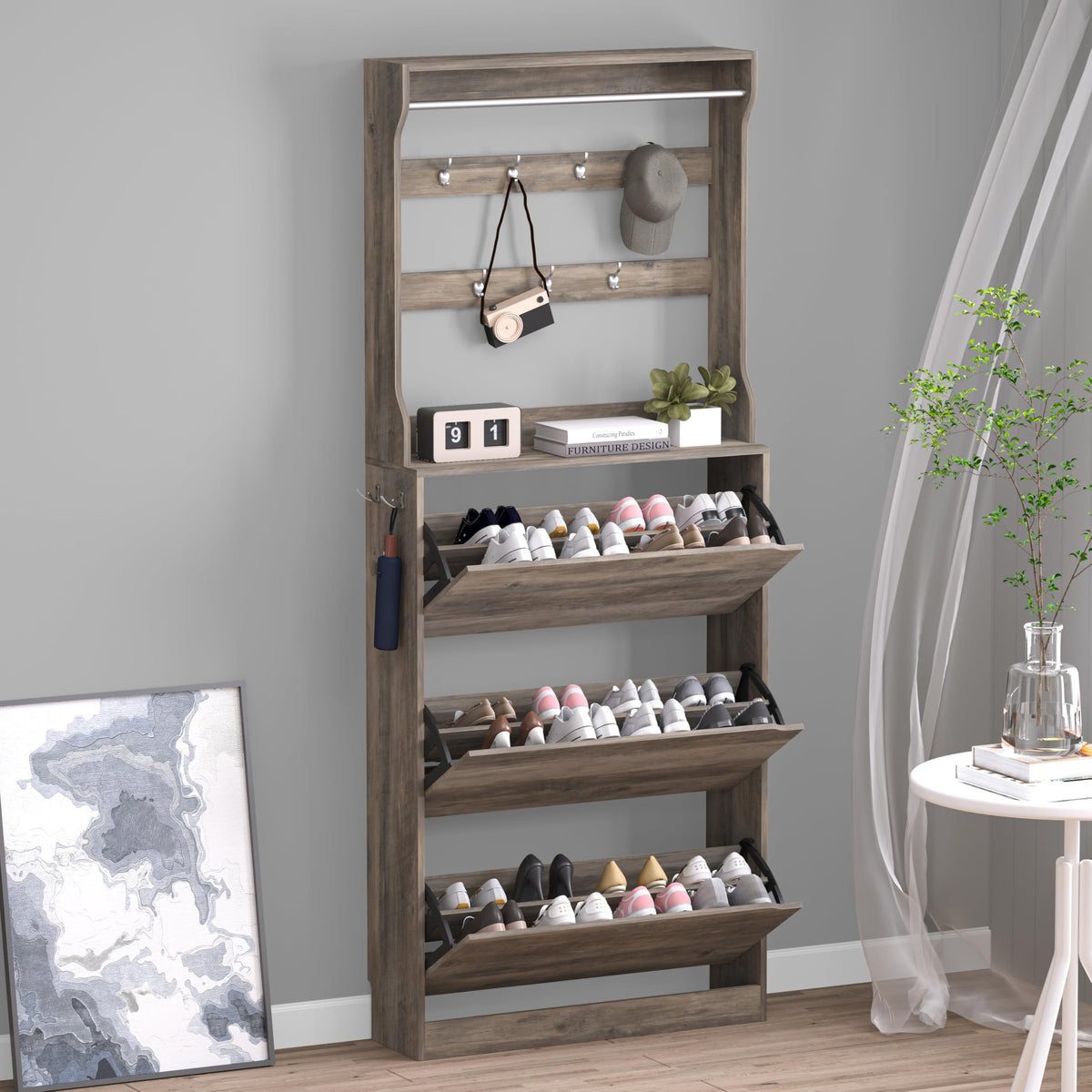 Shoe Cabinet with 3 Flip Drawers & Coat Rack