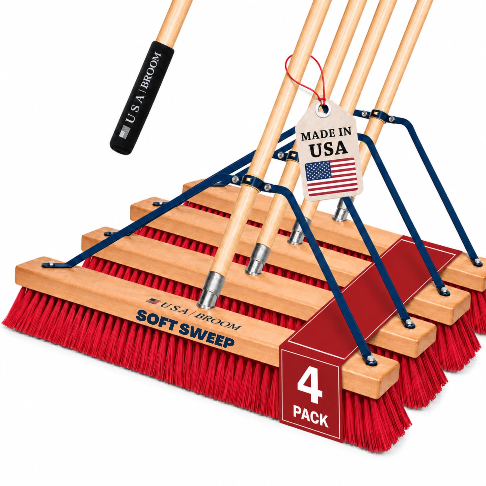 4-Pack - 24" Soft Sweep Indoor Push Broom with 60" Handle. Ideal for Epoxy & Polished Floors. Durable American Made Steel Brackets-Stainless Steel Hardware. No Plastic. 100% USA Made (4 Count)