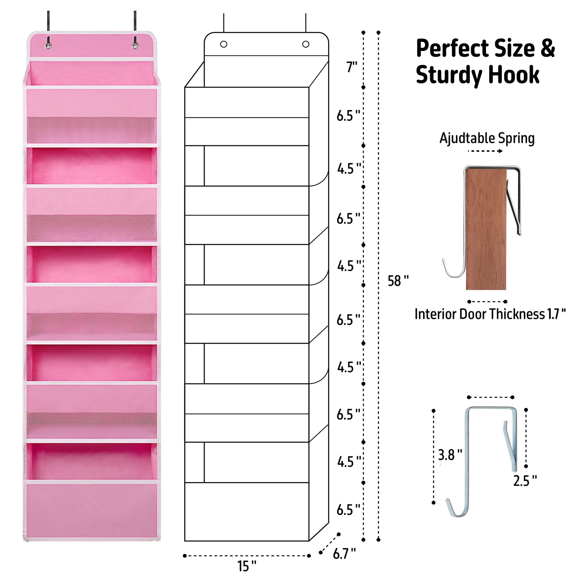 Pink Over Door Organizer with 5 Large Clear Pockets and 6 Side Mesh Pockets