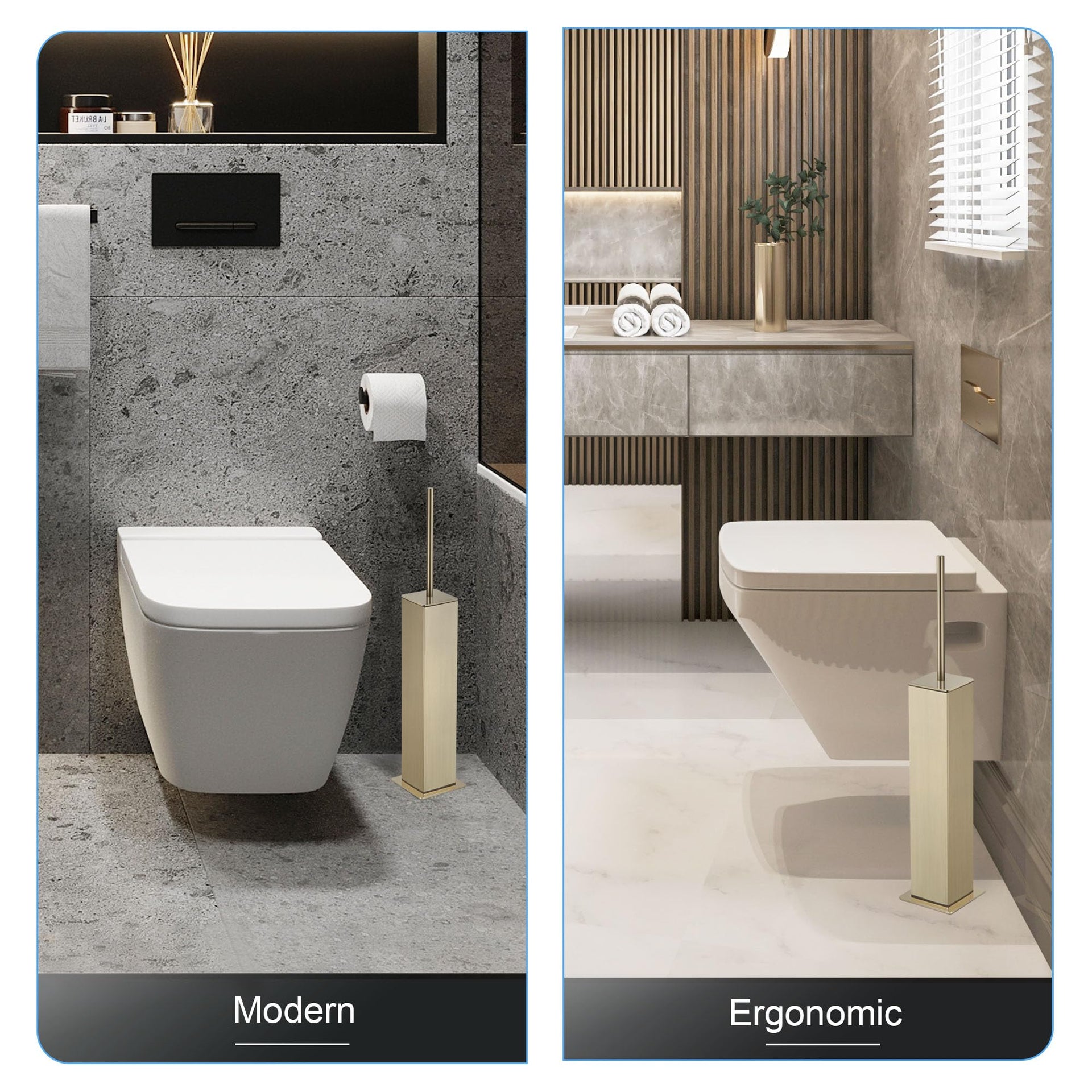 Toilet Brush and Holder Set Brushed Gold Stainless Steel 304 Square Freestanding Toilet Brush for Bathroom