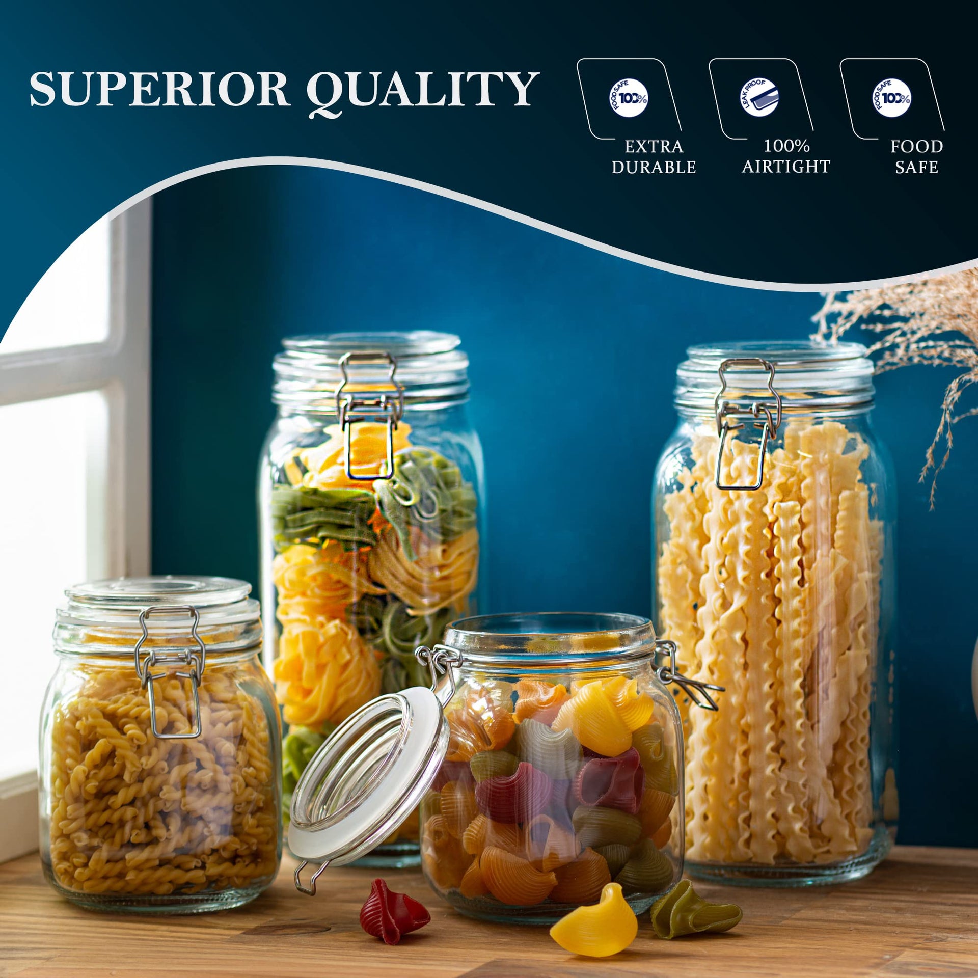 4 Glass Food Storage Jars with Airtight Lids + Chalkboard & Marker (4 Count)