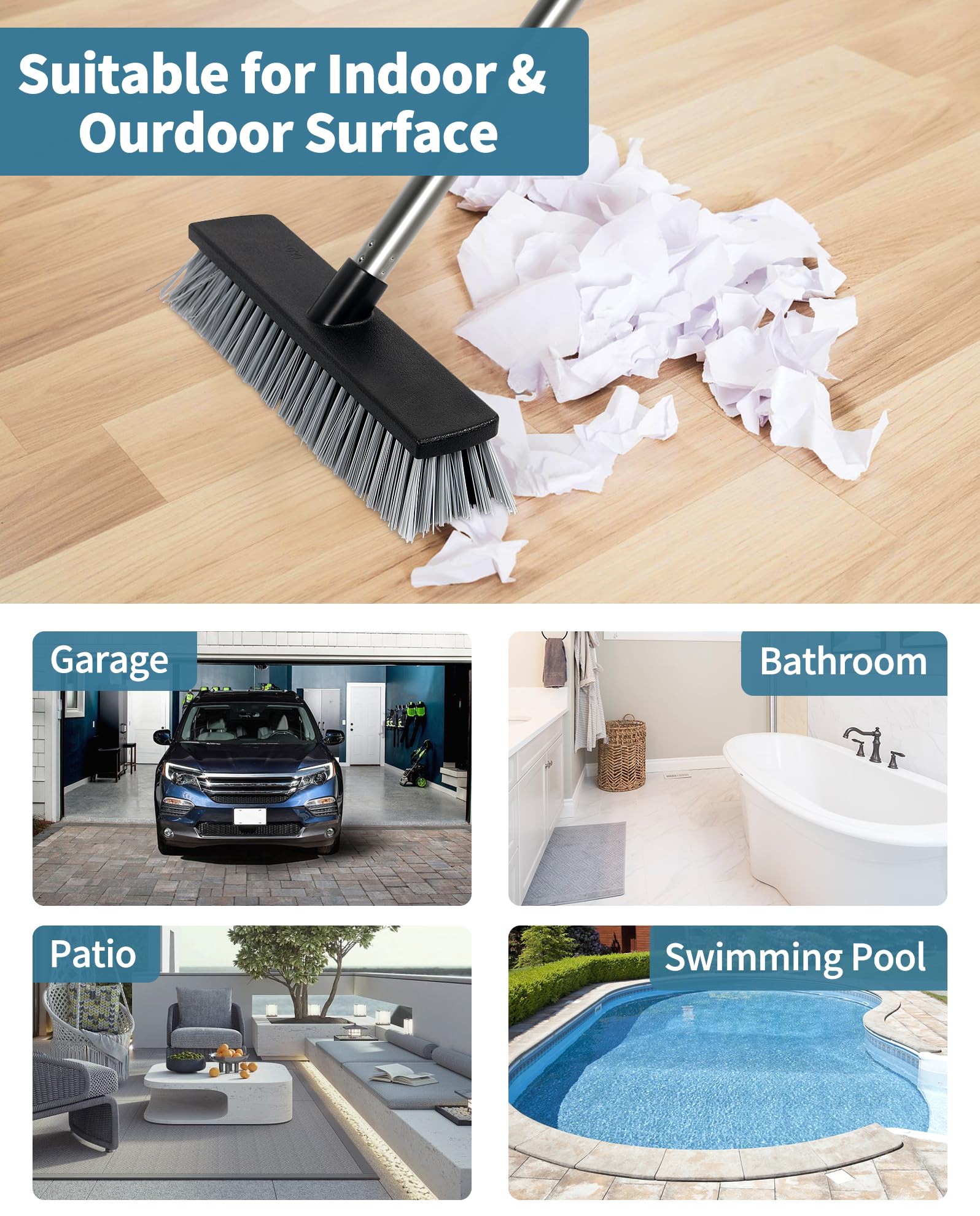 LandHope Hard Bristle Deck Broom Adjustable Long Handle Scrub Brush Heavy Duty Concrete Push Broom Outdoor Brush Garage Broom Wood Large Floor Scrubber 28