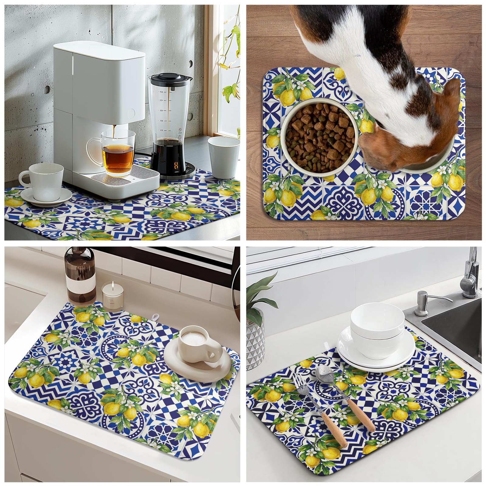 Lemon and Blue Tile Dish Drying Mat 18x24 Inch Absorbent Reversible Mexican Tilt Drying Mat Blue White Italy Lemons Dish Drying Rack Mat Summer Themed Dish Drainer Mat for Kitchen Counter Coffee Bar