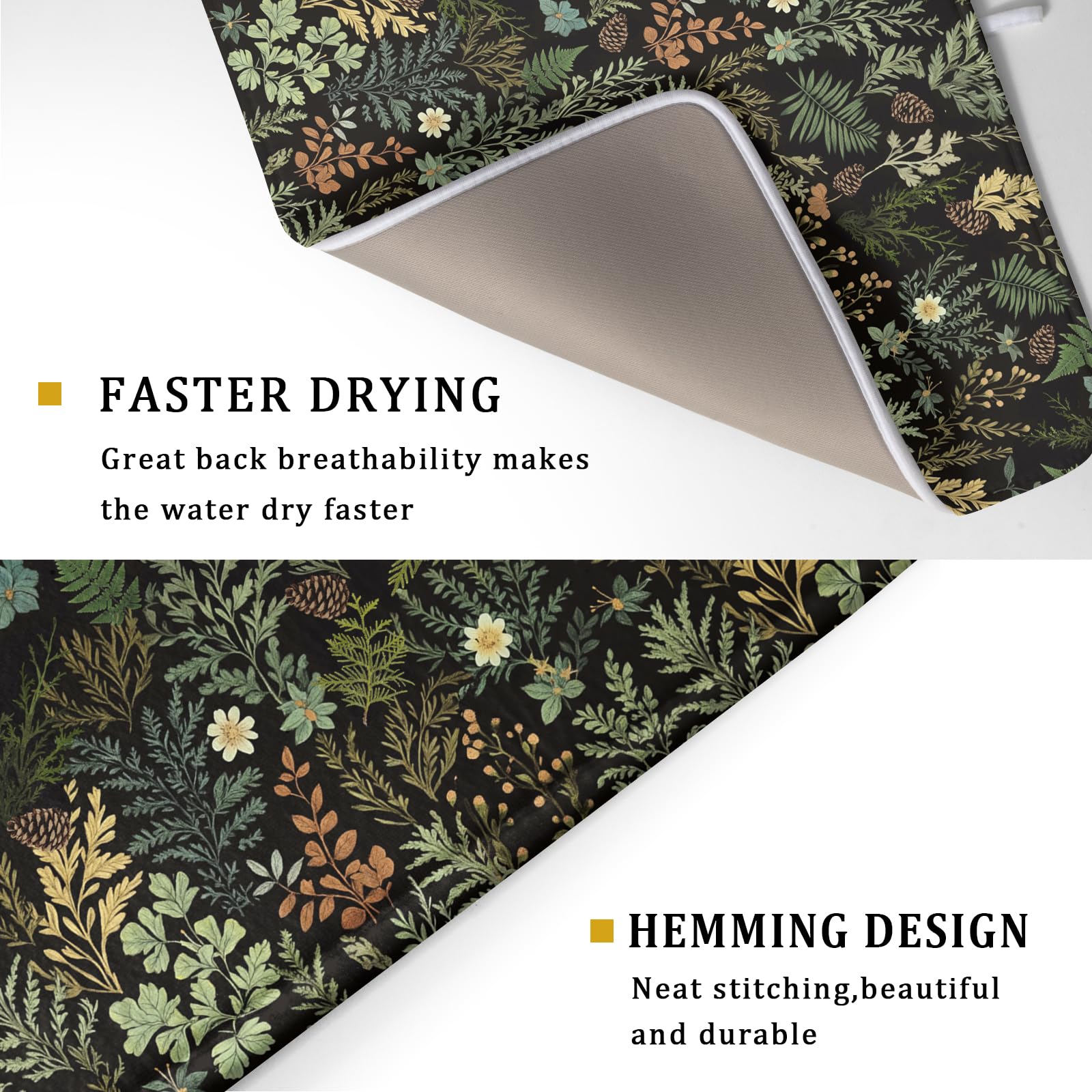 Black Green Botanical Dish Drying Mat for Kitchen Counter 18x24 Inch Super Absorbent Microfiber Kitchen Drying Mat Green Plant Fern Leaves Floral Dish Reusable Washable Dish Drying Pad for Coffee Bar