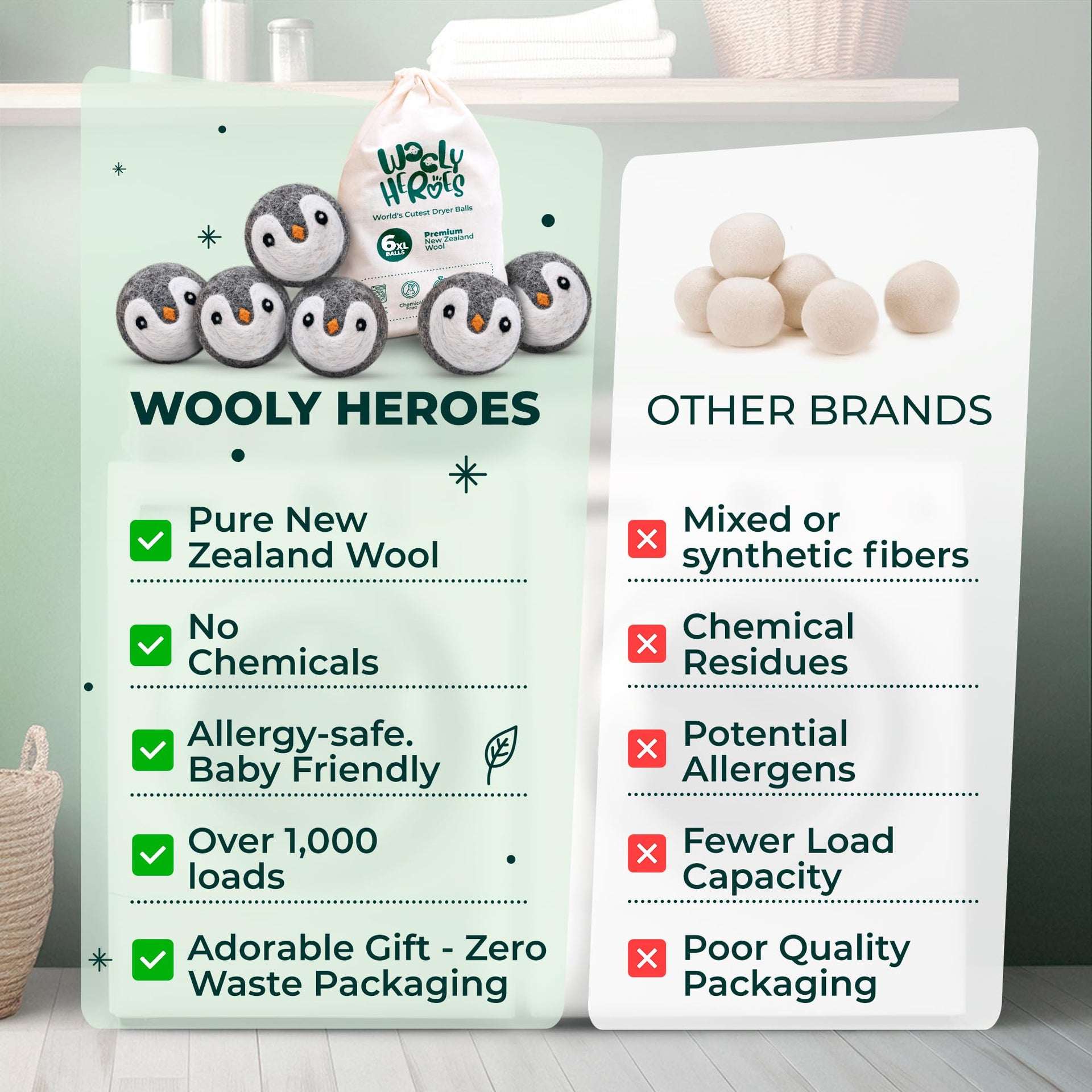 Chemical Free & Baby Safe! Reusable Wool Dryer Balls XL 6 (6 Count)