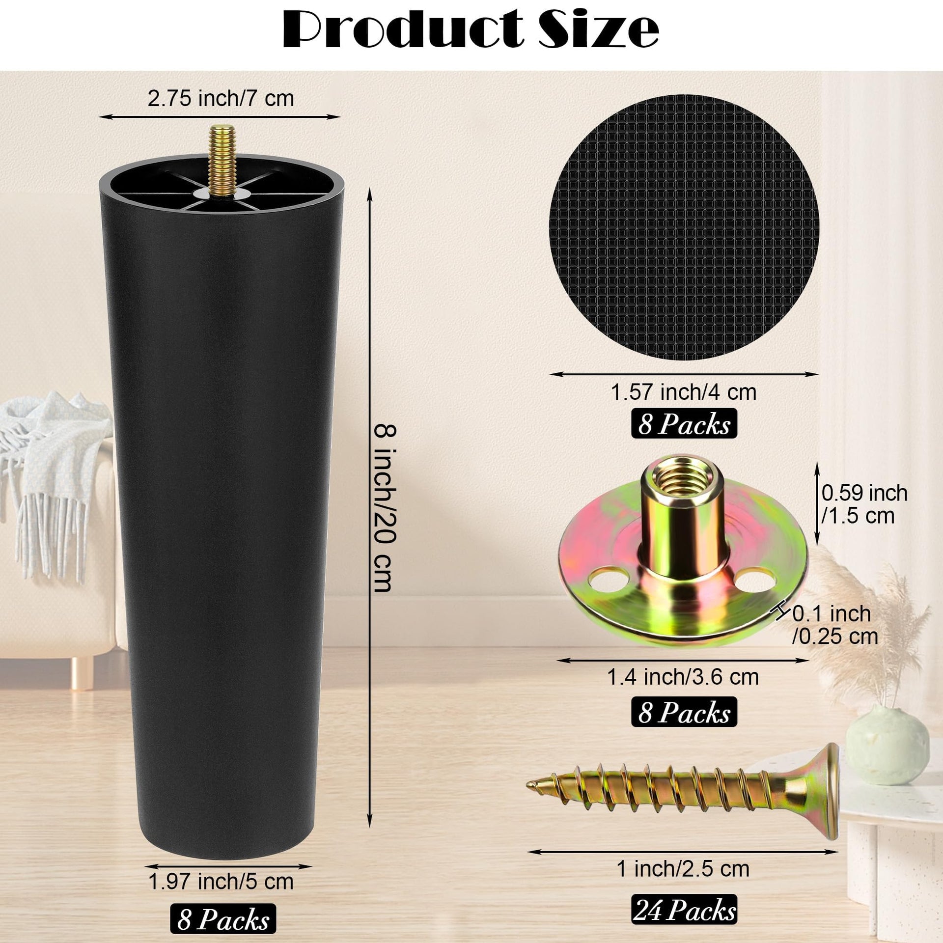 8 Pack 8 Inch Plastic Furniture Legs with M8 T