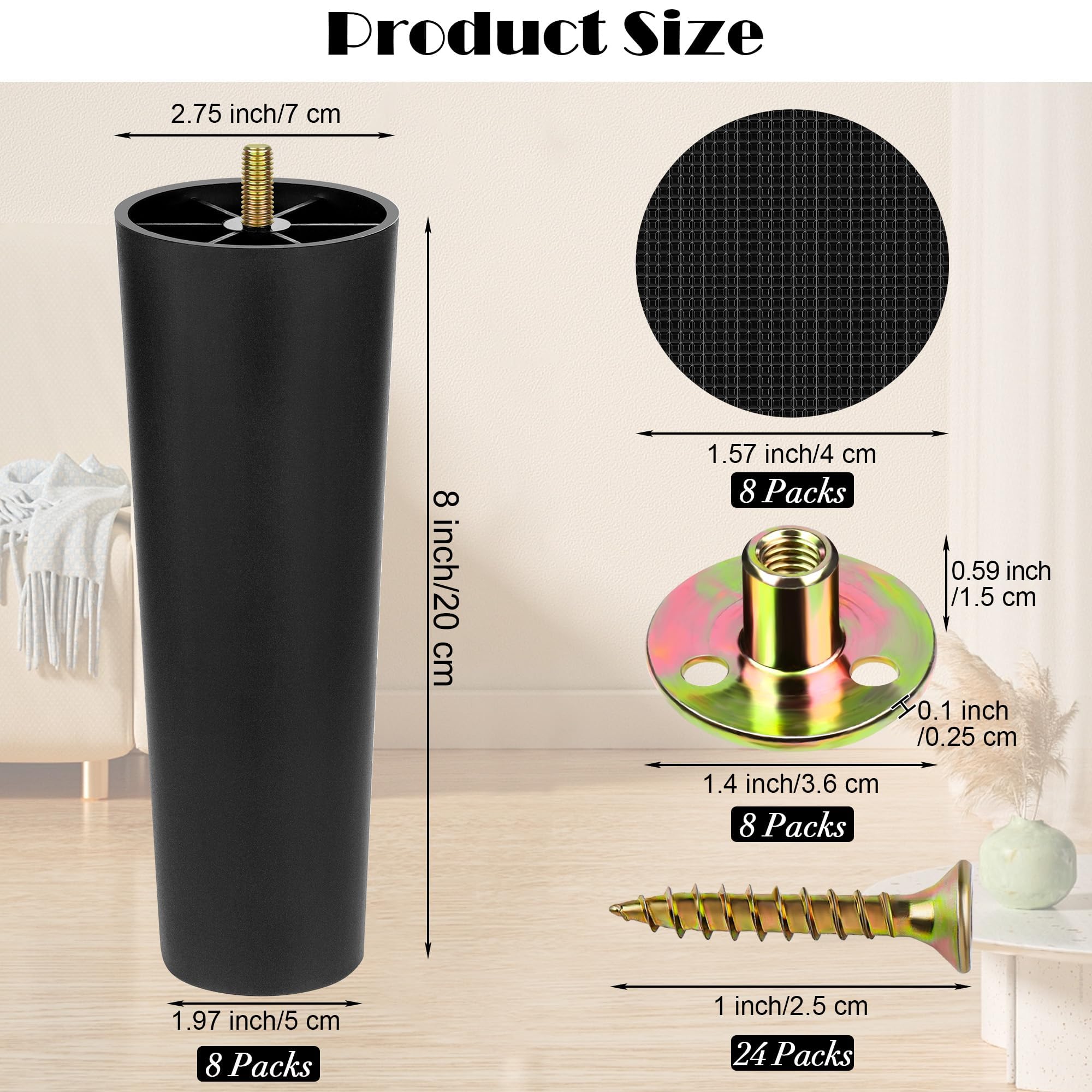 8 Pack 8 Inch Plastic Furniture Legs with M8 T