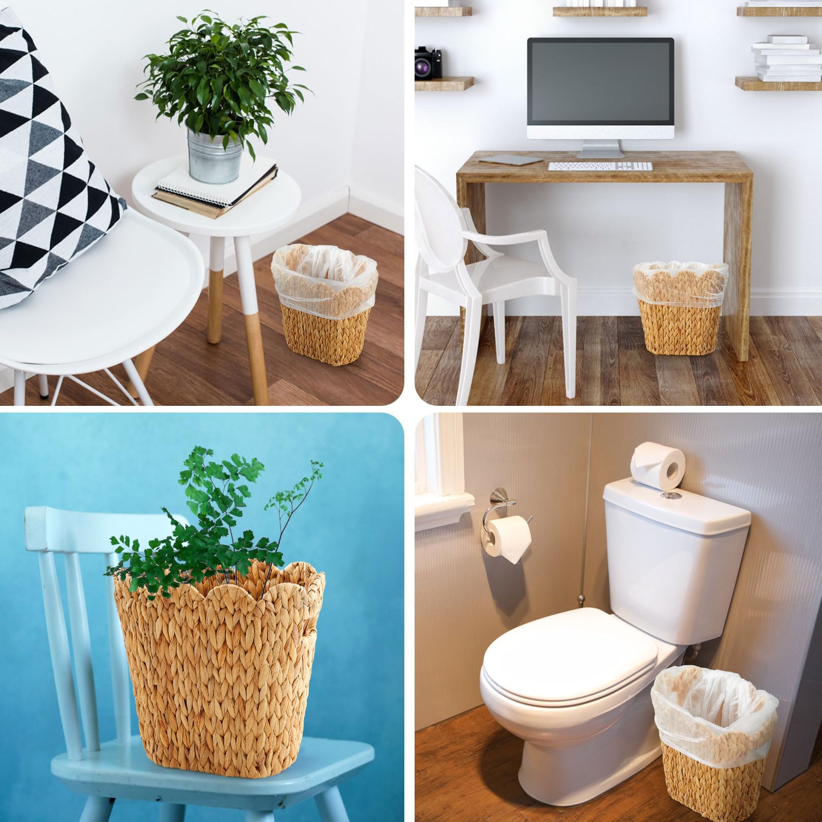2 Pcs Wicker Trash Can with 50 Small Trash Bag Wicker Waste Woven Basket with Handles Clear Multi Use Garbage Bags for Bathroom Kitchen Bedroom (2 Count)