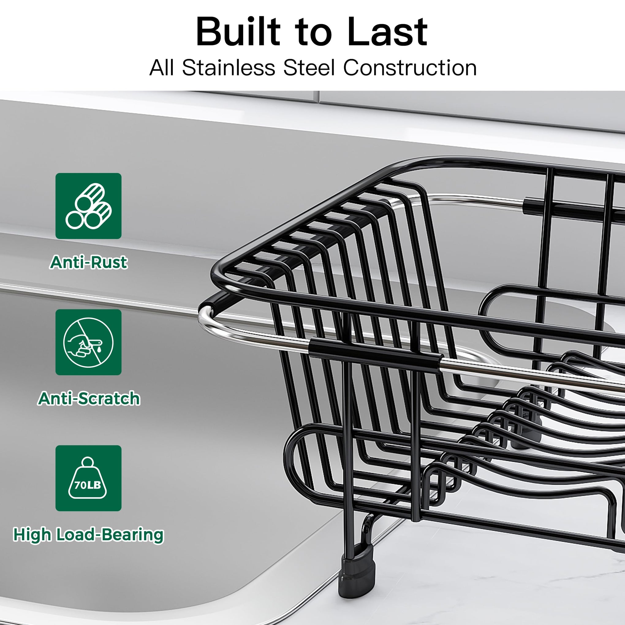 Black Dish Drying Rack in Sink with Utensil Holder