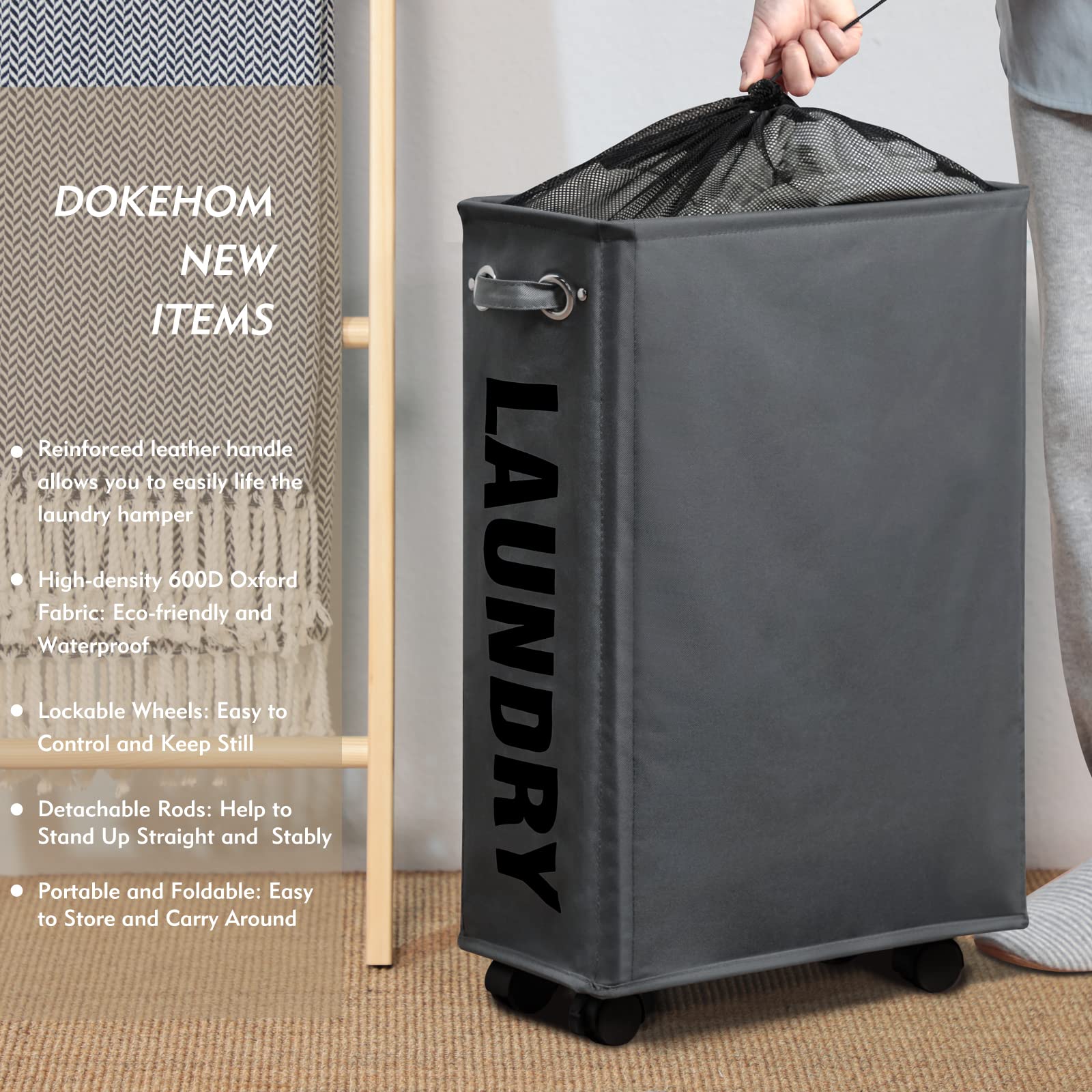 25" Slim Rolling Laundry Basket Hamper