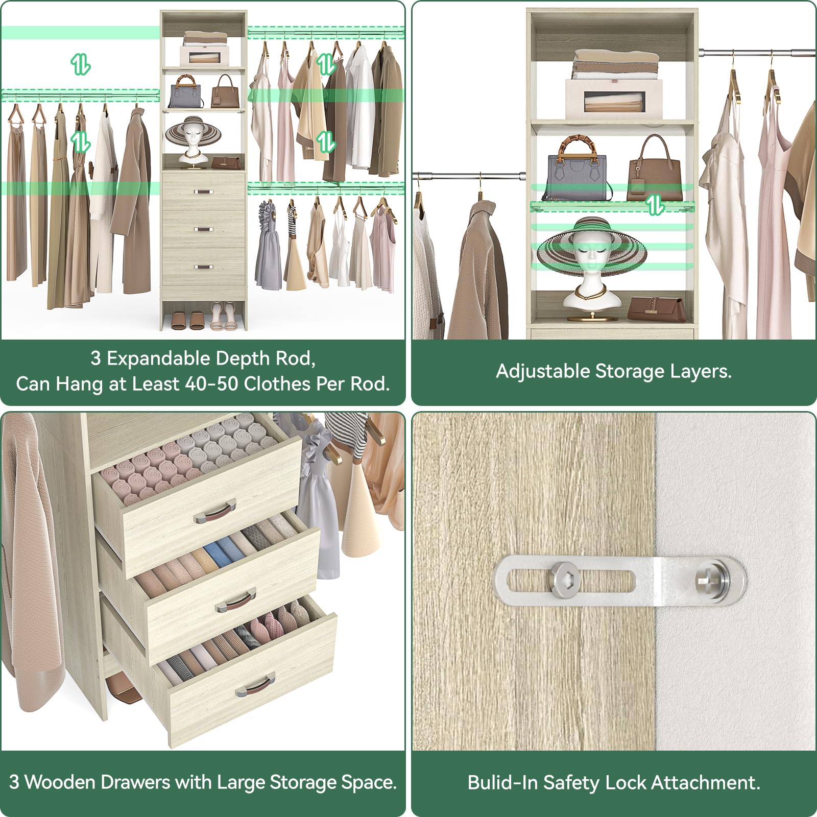 96'' Closet Organizer System with 3 Hanging Rods