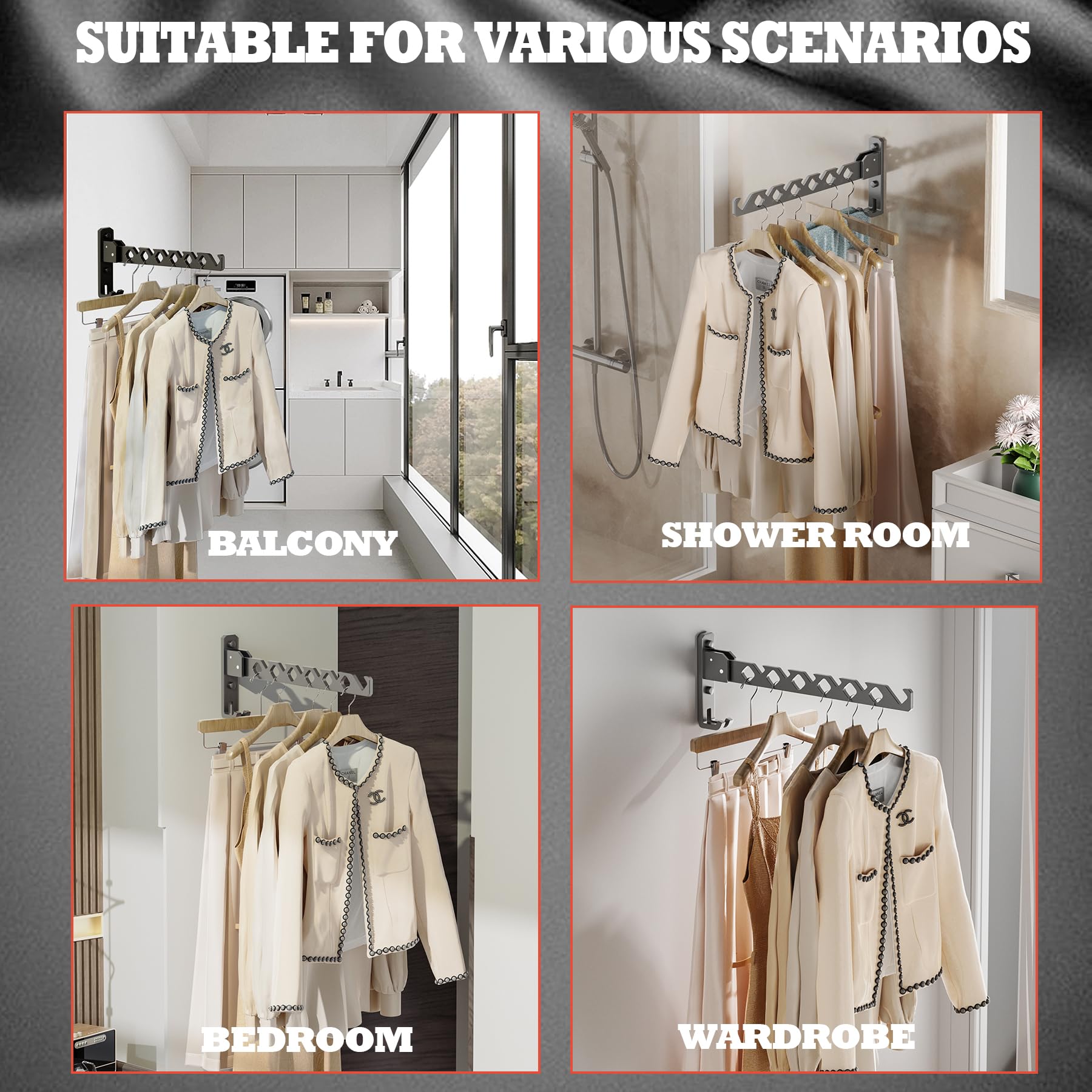 Wall Mount Coat Hanger Holder Black Clothes Drying Organizer Rack Garment Hooks Aluminium Retractable Folding Indoor Wall Mounted Hanger Space Saver for Laundry Room Bedroom Black 2 Pack with 8 Hooks (2 Count)