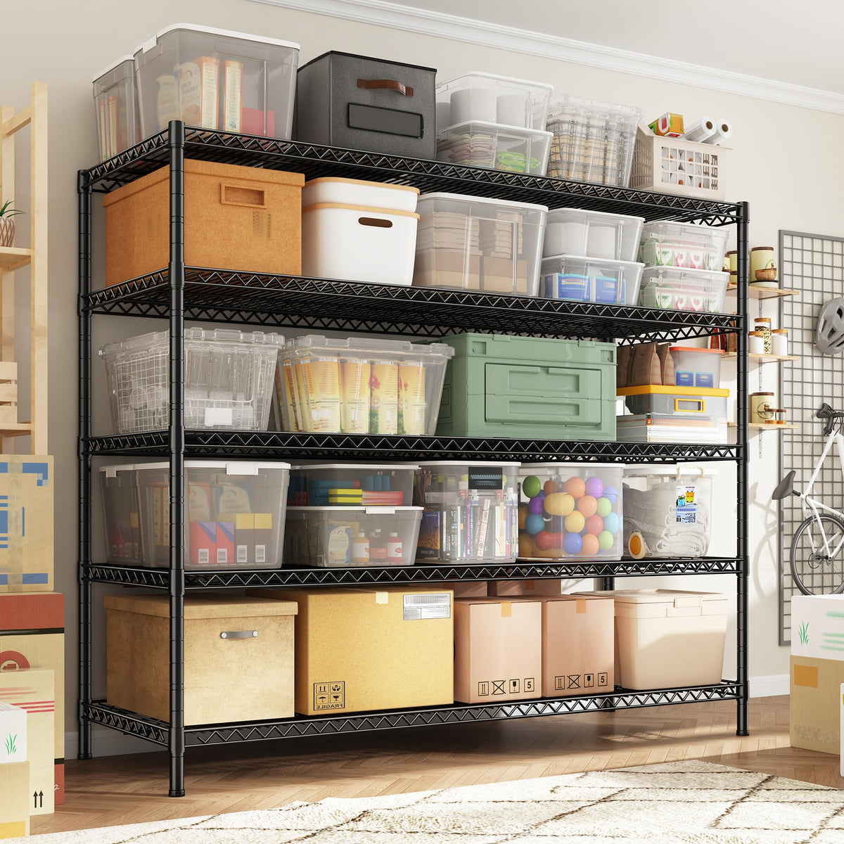 3200LBS Storage Shelves 55.5" W Garage Shelving Heavy Duty 5 Tier Adjustable Wire Shelving Unit Metal Shelving for Garage Pantry Commercial Basement