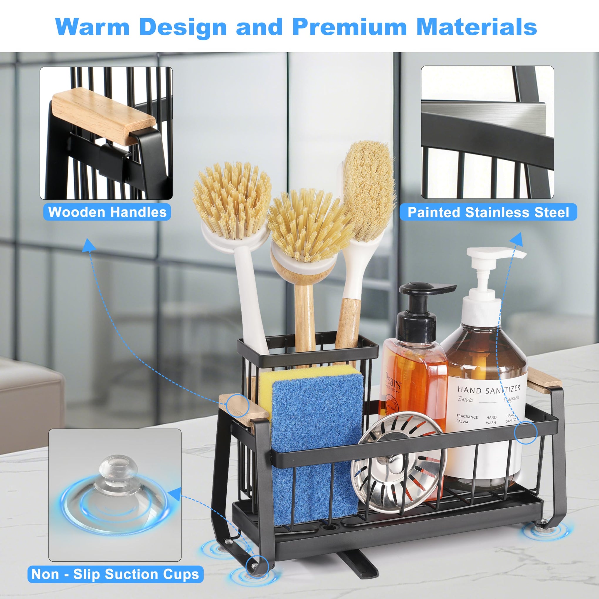 Sponge Holder for Kitchen Sink Caddy Organizer with Brush Holder