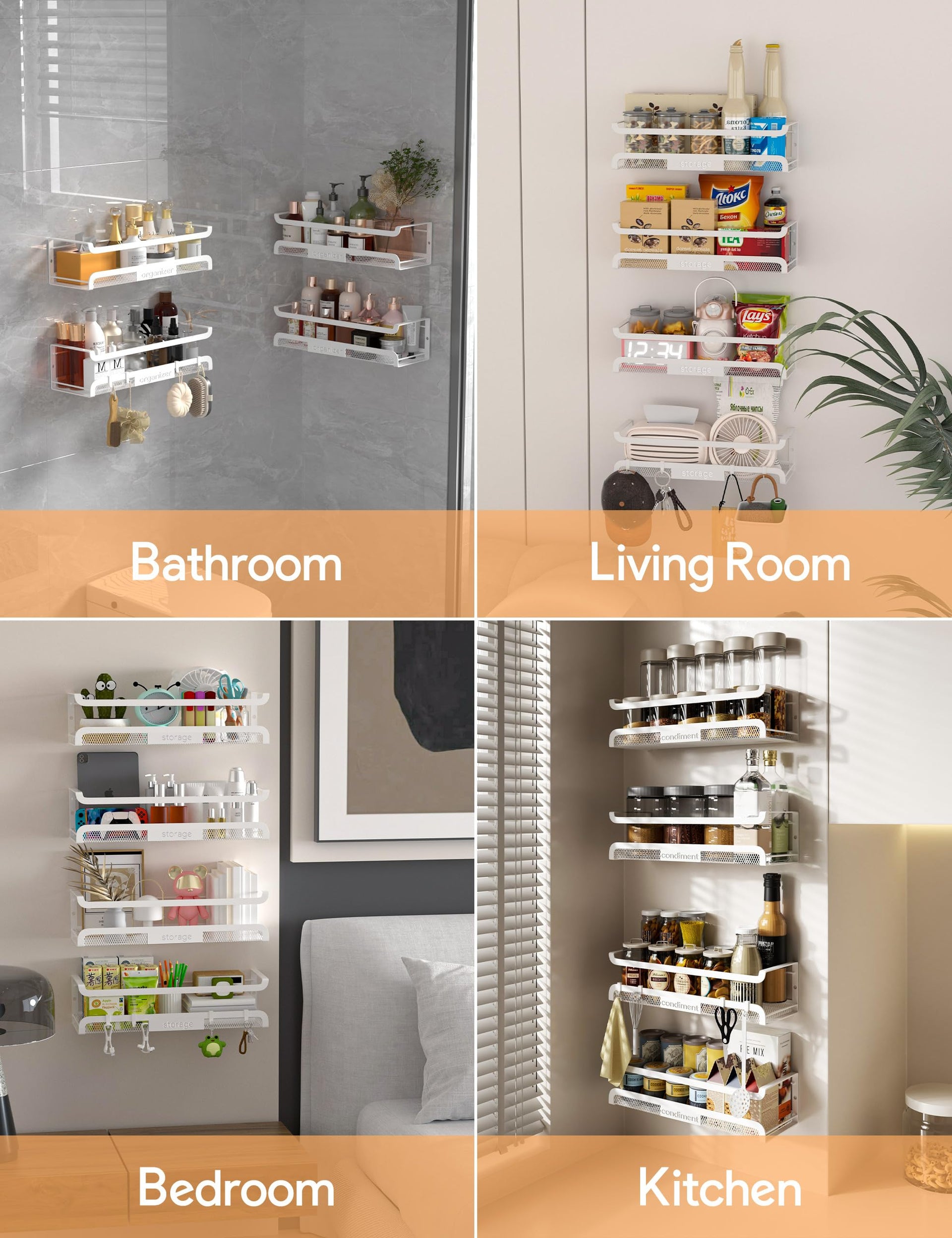 Spice Rack Wall Mount with Hooks (4 Count)