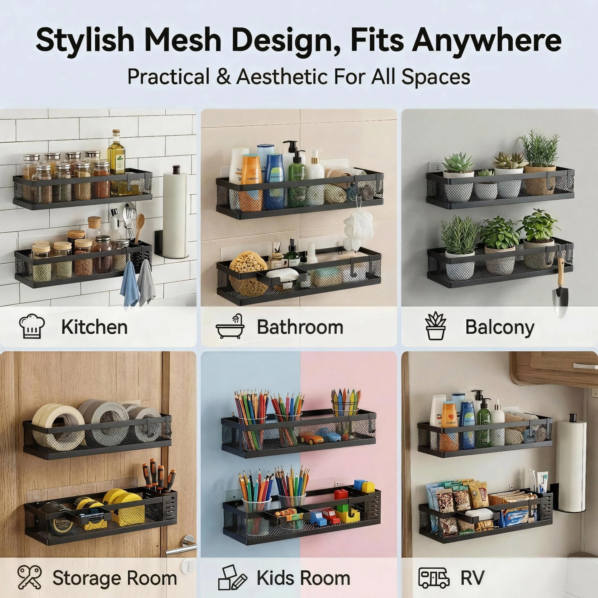 5-in-1 16.5" Extra Long Slim Wall Mount Wrapped Mesh Kitchen Organizer & Shower Caddy Kit, with Paper Towel Holder, Utensil Holder, Soap Dish, Holds 50LBS - Vintage Bronze, Netting