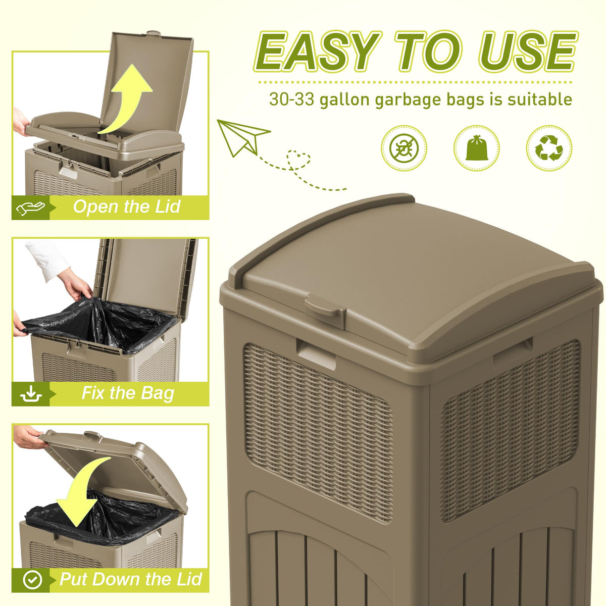 33 Gallon Resin Outdoor Trash Can with Lid (3 Count)