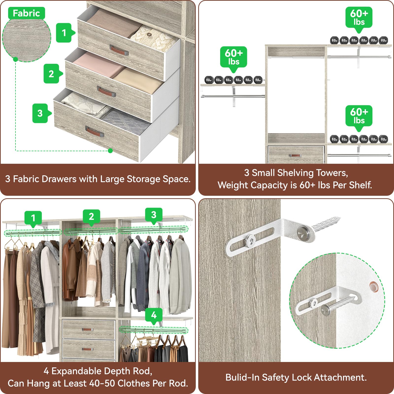 5FT Small Closet System with 3 Fabric Drawers
