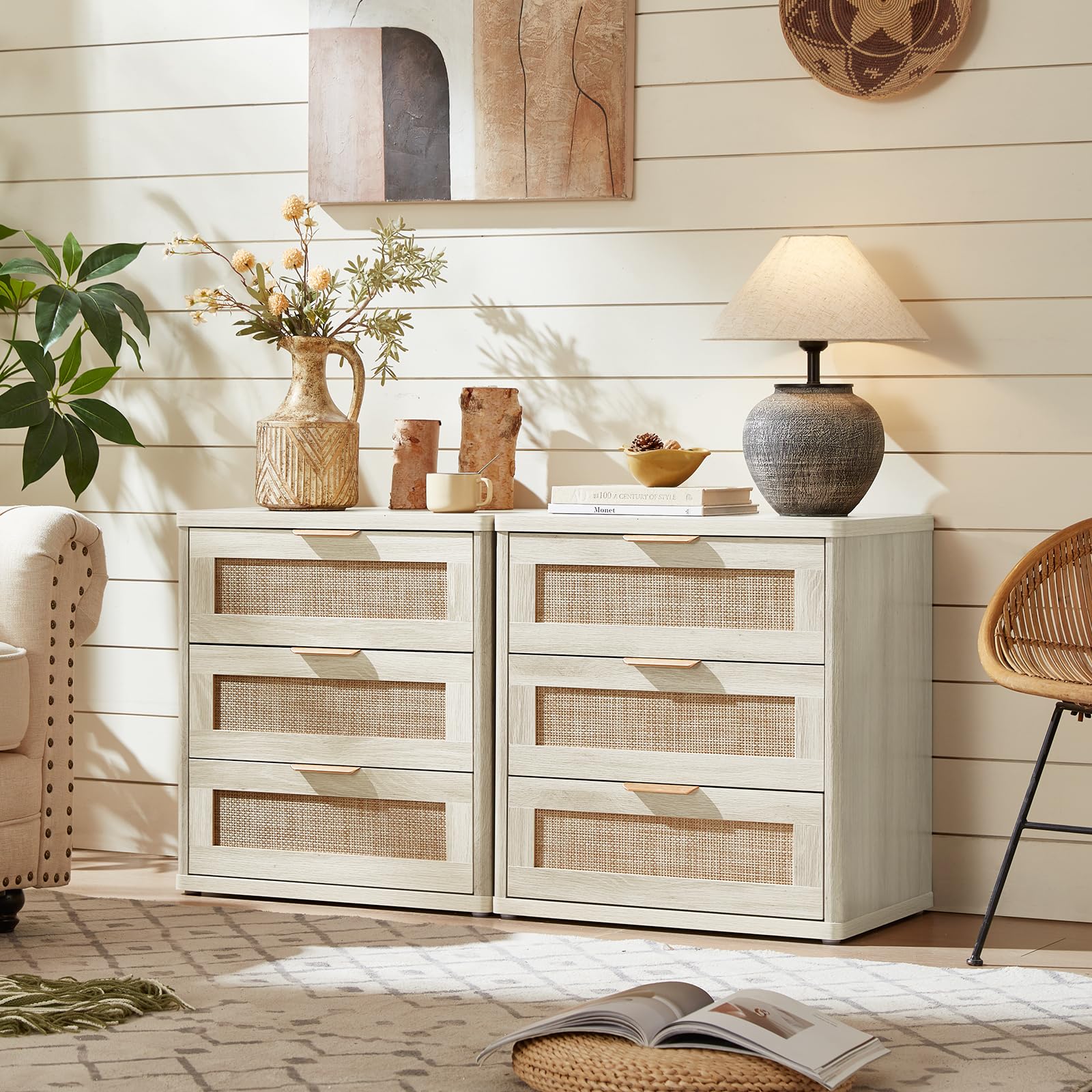 Rattan 23" Nightstands with Drawers for Bedroom (2 Count)