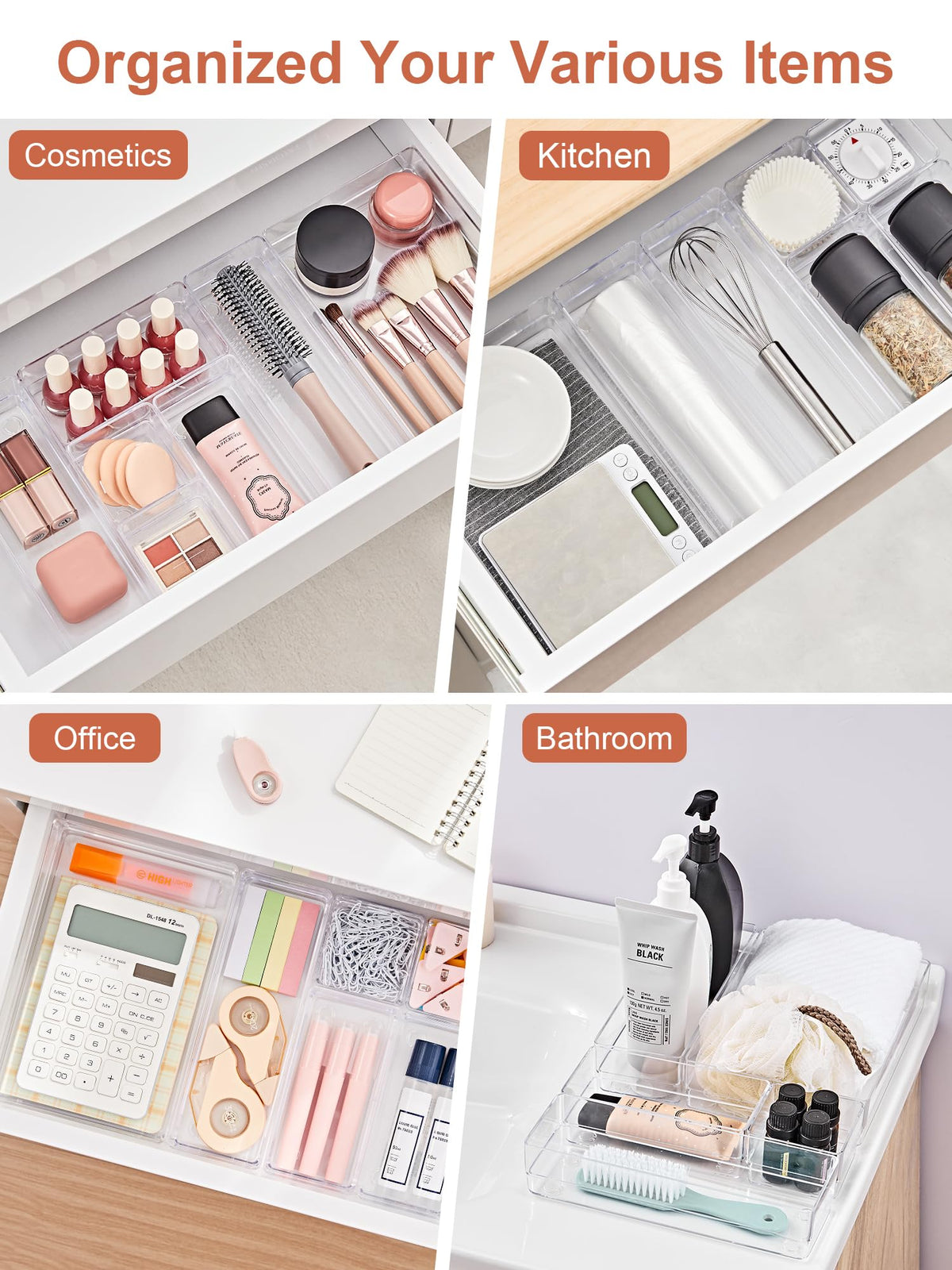 37 PCS Drawer Organizer 4 Size Desk Makeup Drawer Organizer Clear (37 Count)