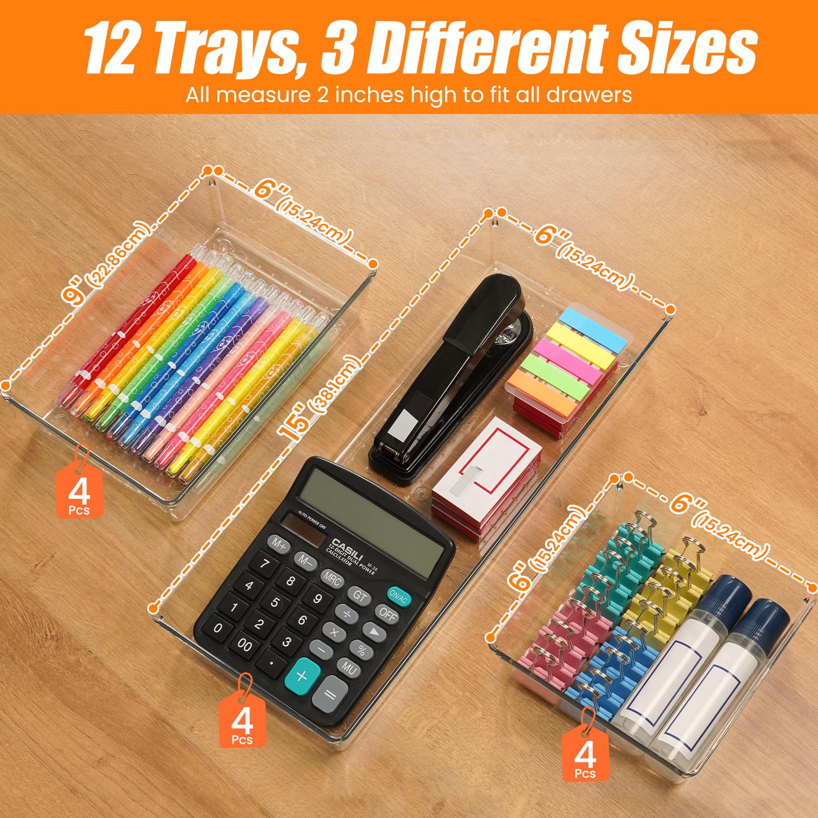 12 Pack Clear Plastic Drawer Organizer Set (12 Count)