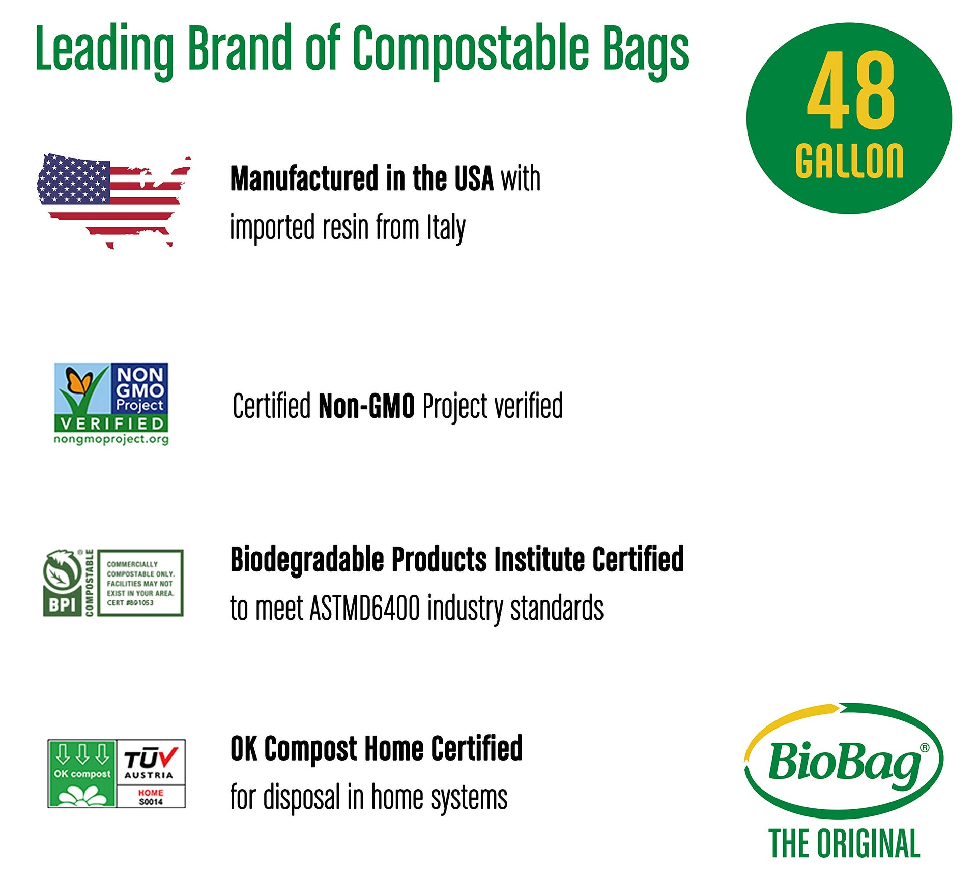 USA) The Original Compostable Bag, 48 Gallon, 80 Count, 100% Certified Compostable Trash Bag Liners for Food Waste, Extra Strong and Durable, Trash Bag