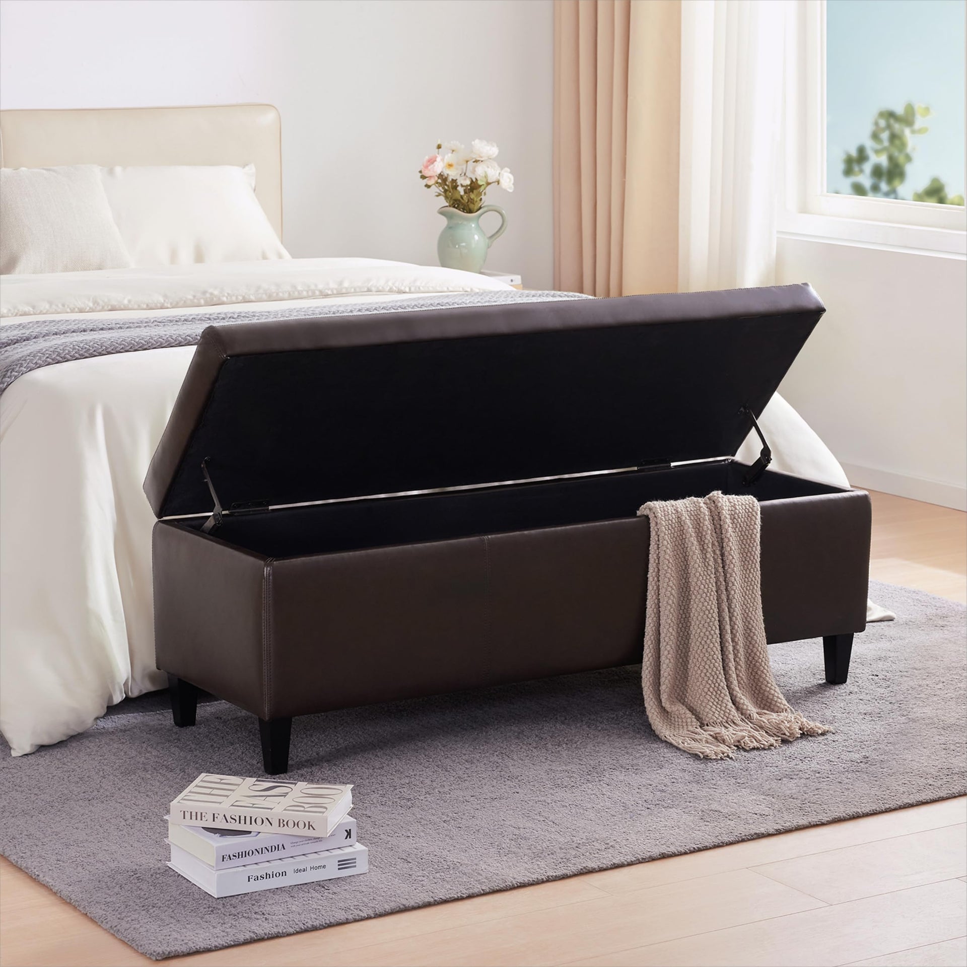 Faux Leather Storage Ottoman Bench 50.3 Inch Extra Long PU Upholstered Bedroom Bench with Large Storage Space for The Living Room