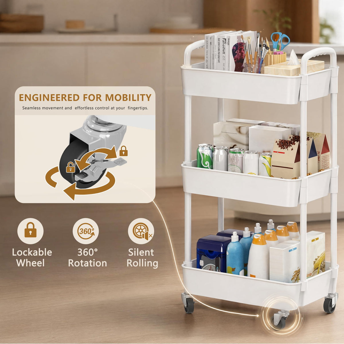 3 Tier Rolling Cart with Wheels (3 Count)