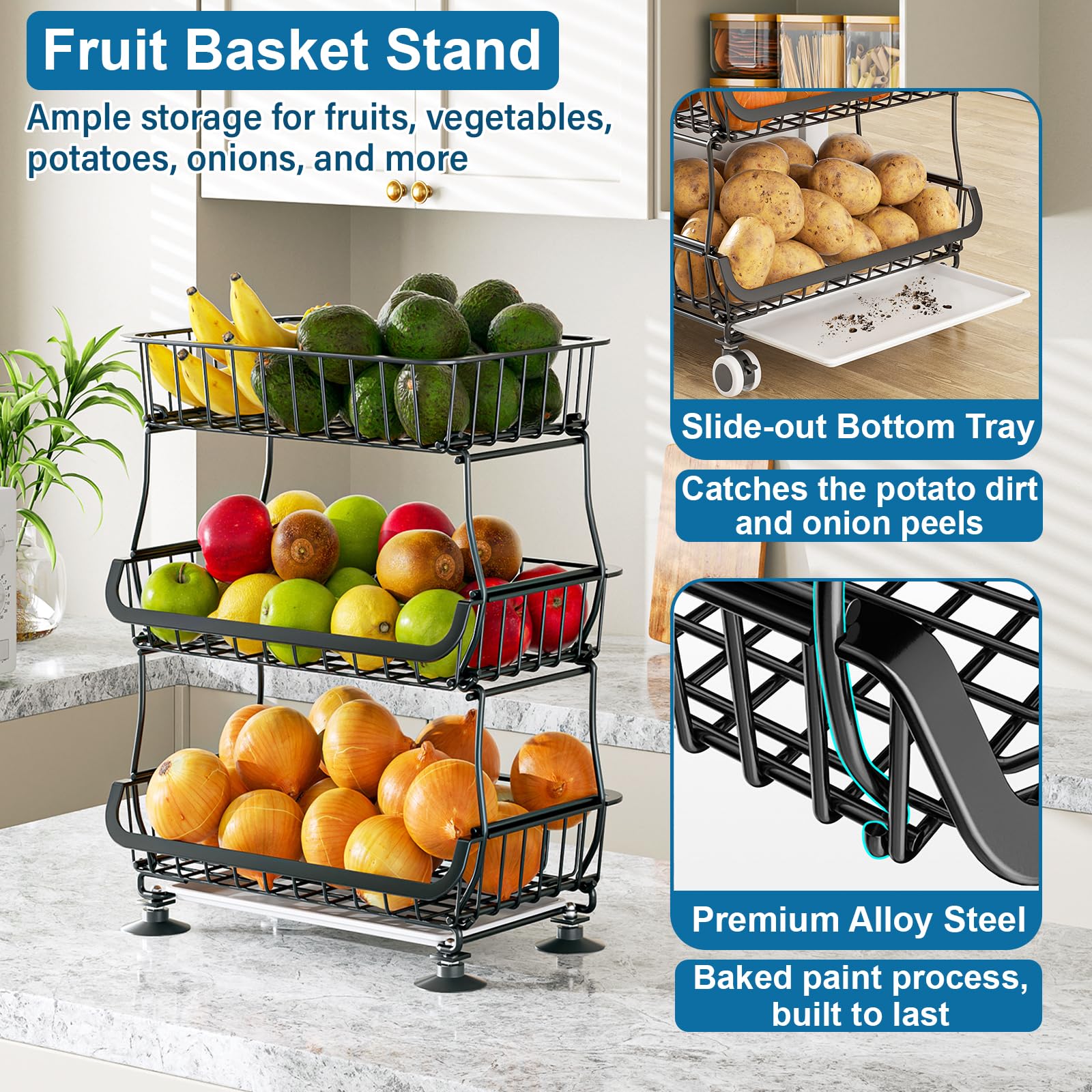 3 Tier Rolling Pantry Floor Organizers and Storage Cart with Wheels (3 Count)