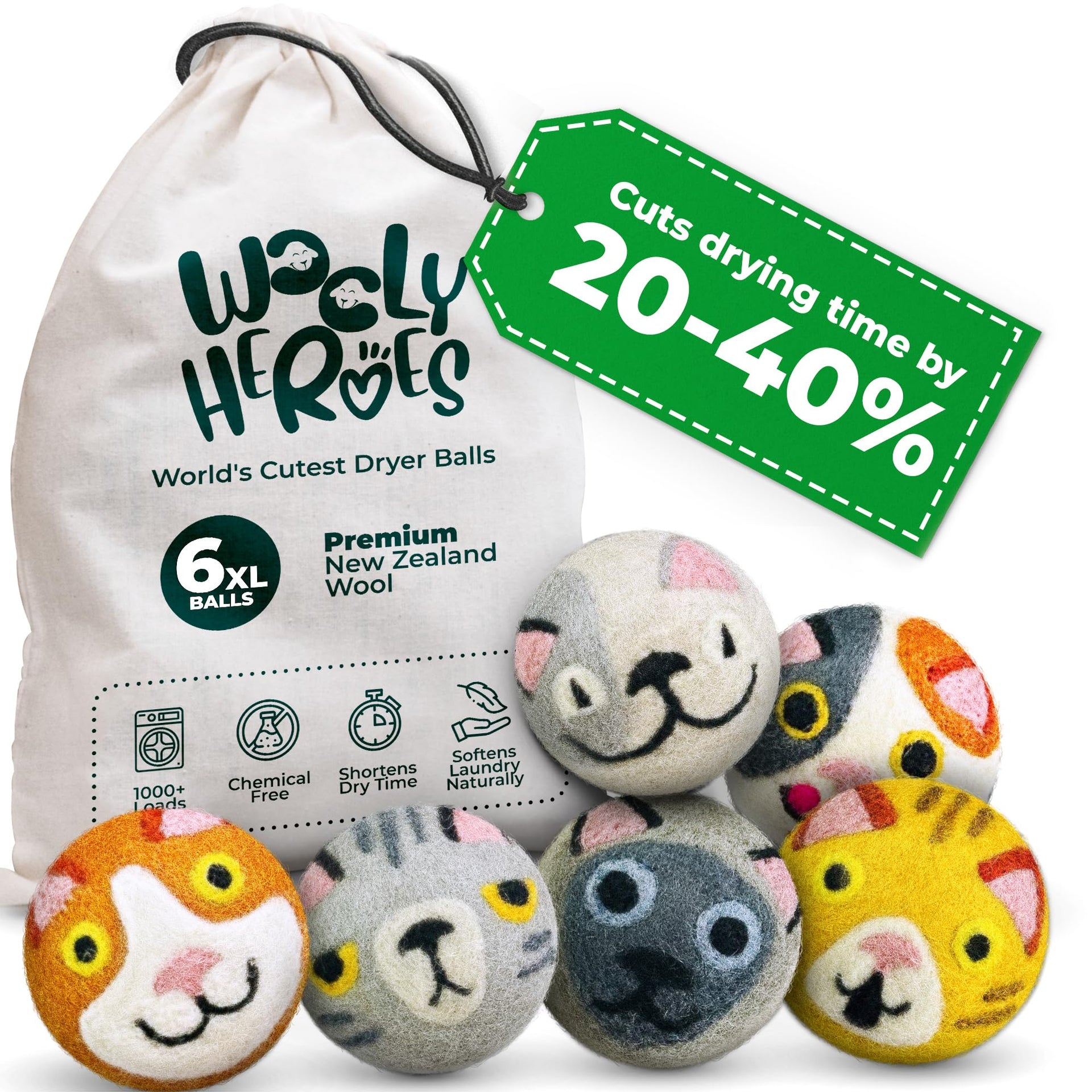 Chemical Free & Baby Safe! Reusable Wool Dryer Balls XL 6 (6 Count)