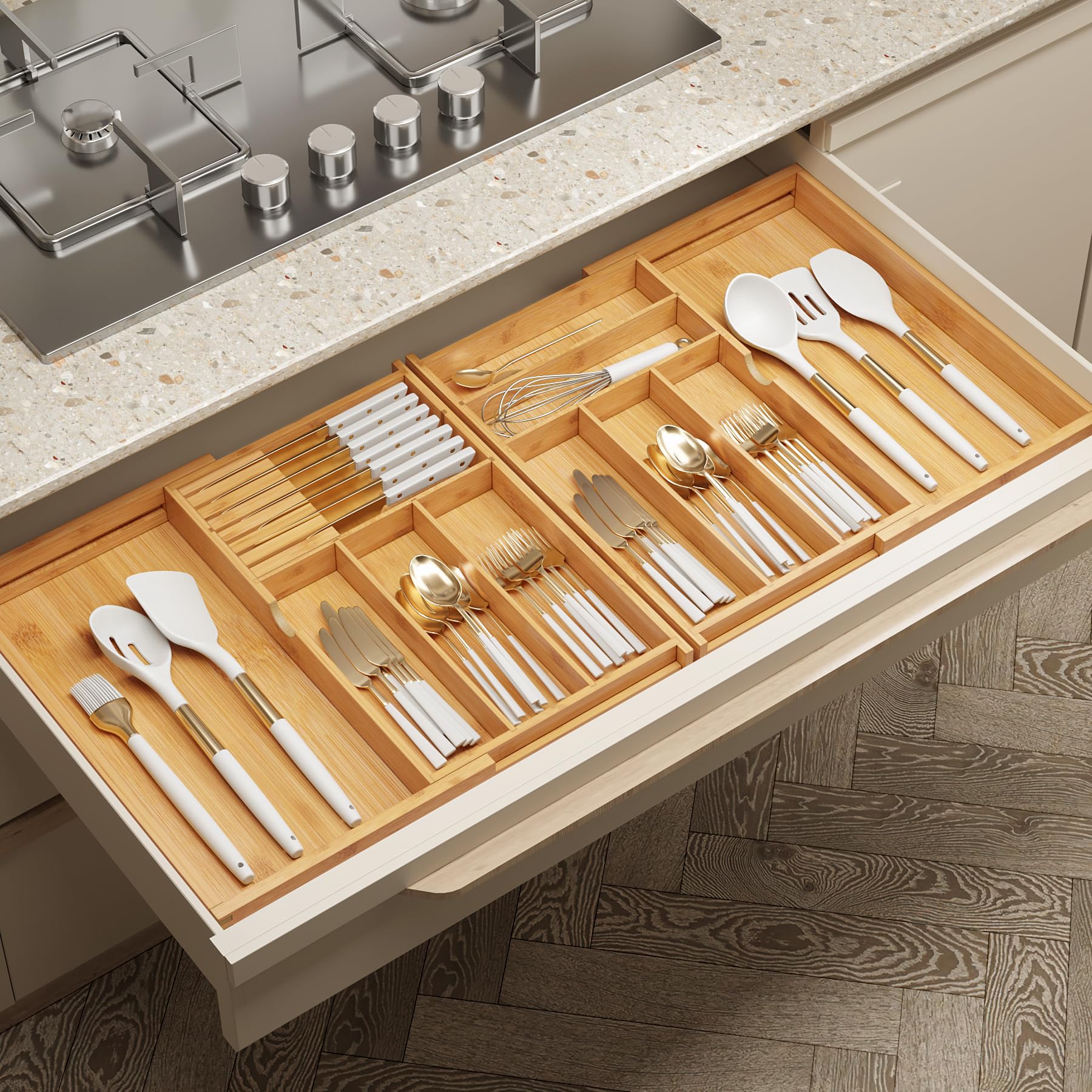 Expandable Silverware Drawer Organizer with Removable Knife Blocks