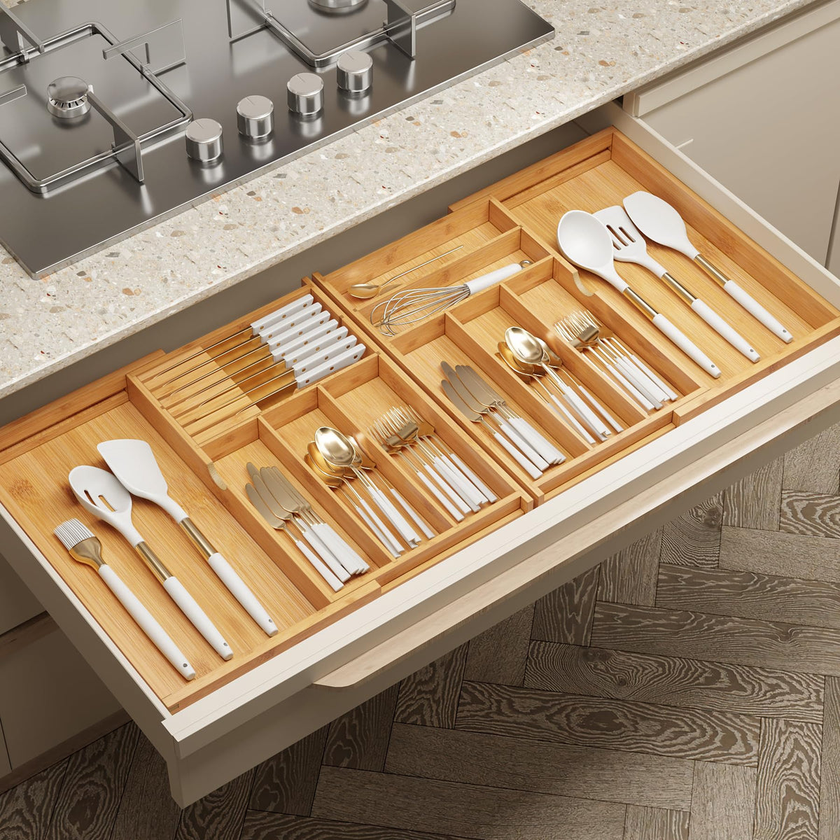 Expandable Silverware Drawer Organizer with Removable Knife Blocks